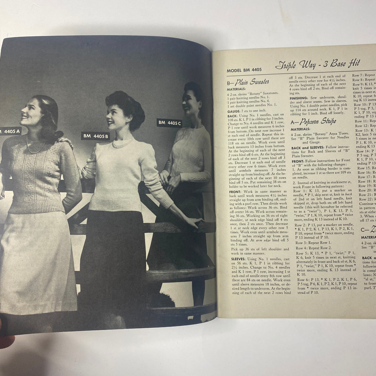 1945 Vol. 8 Knitted Perennials by Botany Catalog showcasing three women modeling vintage sweaters designed in 1940s style, featured in the instruction booklet with Model BM 4405.