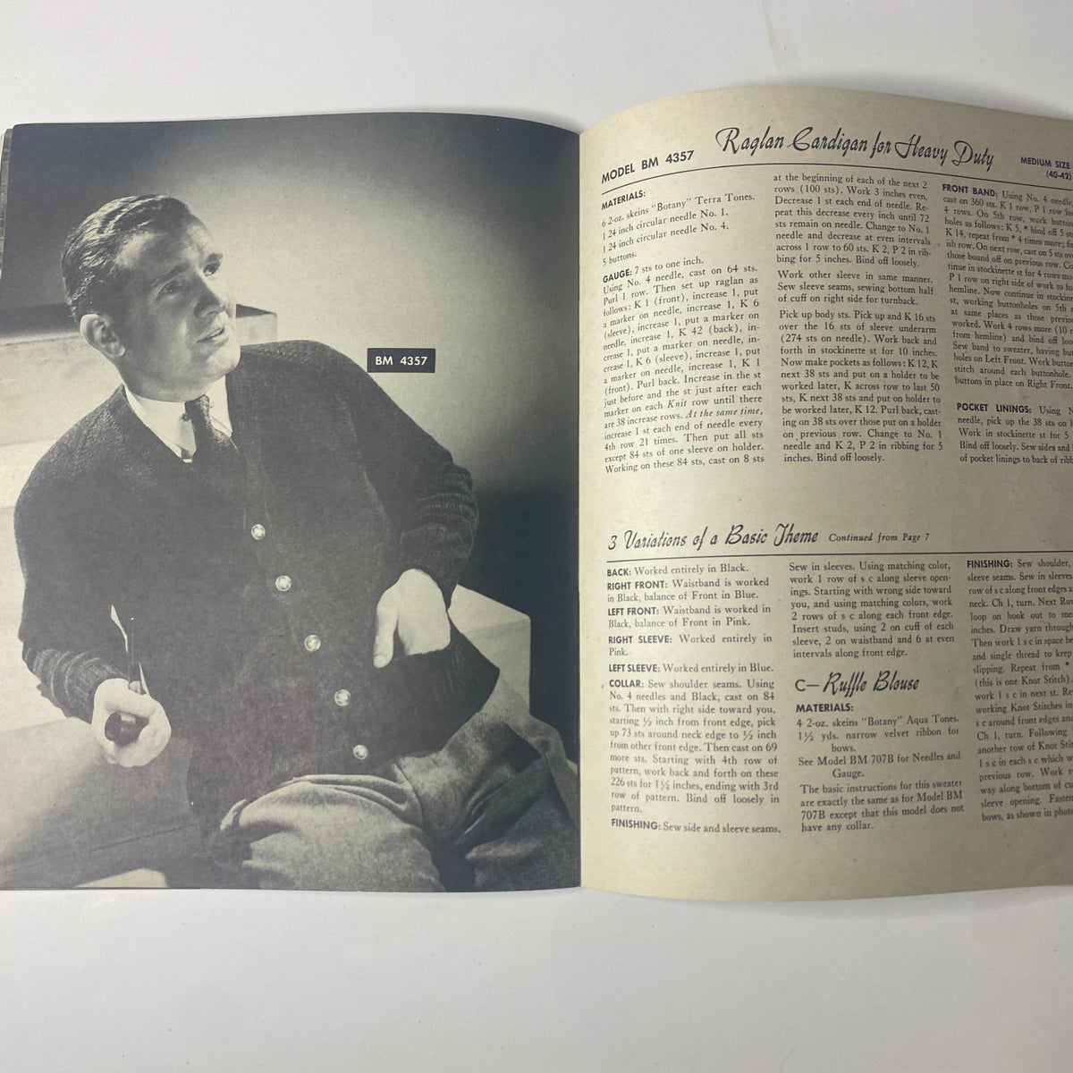 1945 Vol. 8 Knitted Perennials by Botany Catalog showing a man in a vintage cardigan alongside detailed knitting pattern instructions from Model BM 4537.