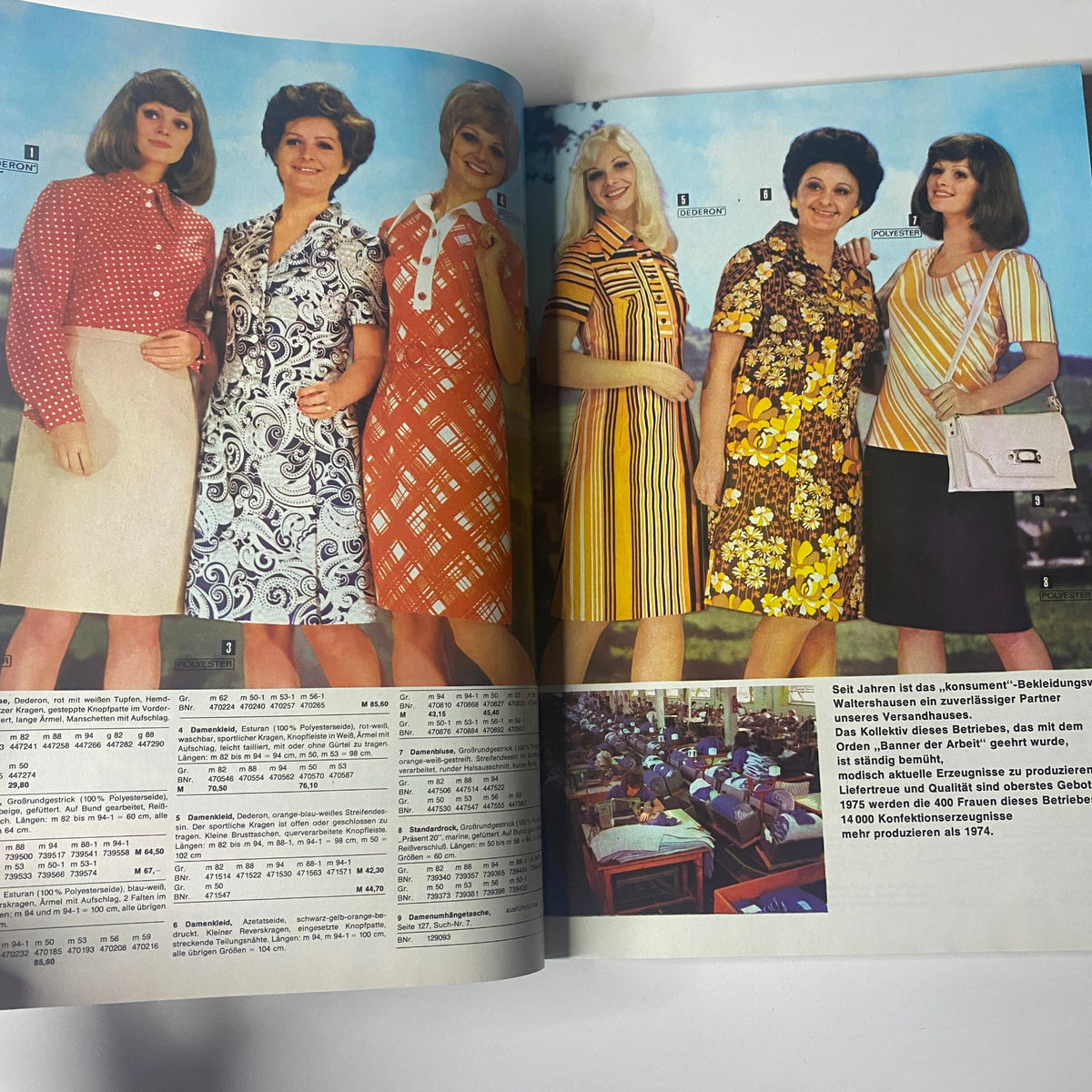 1975 Konsument Summer Catalog showcasing East German women's fashion with models in colorful dresses and blouses, highlighting mid-1970s styles.
