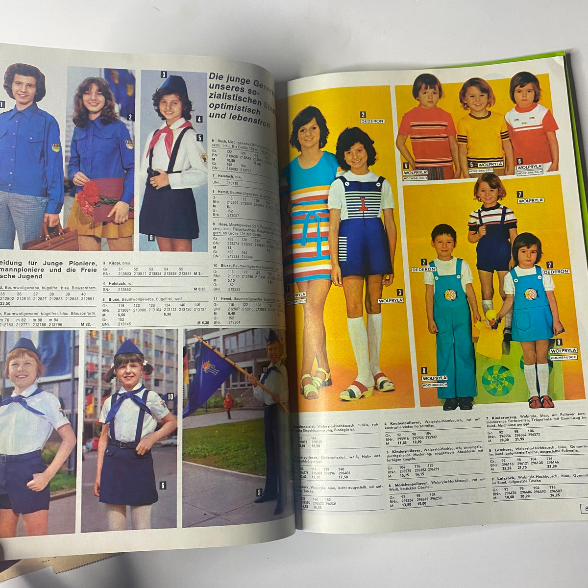 1975 Konsument Summer Catalog displaying stylish girls’ summer attire, including dresses and matching accessories, indicative of mid-1970s Eastern Bloc trends.