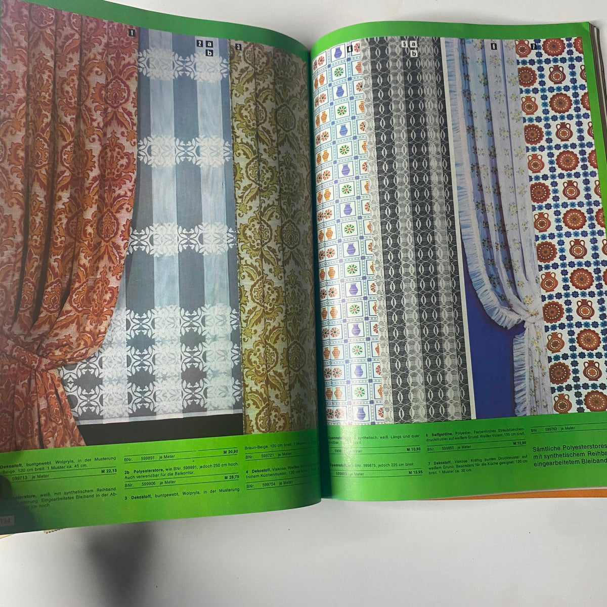 1975 Konsument Summer Catalog featuring stylish fabric curtains in various patterns and colors, showcasing design trends from the mid-1970s.