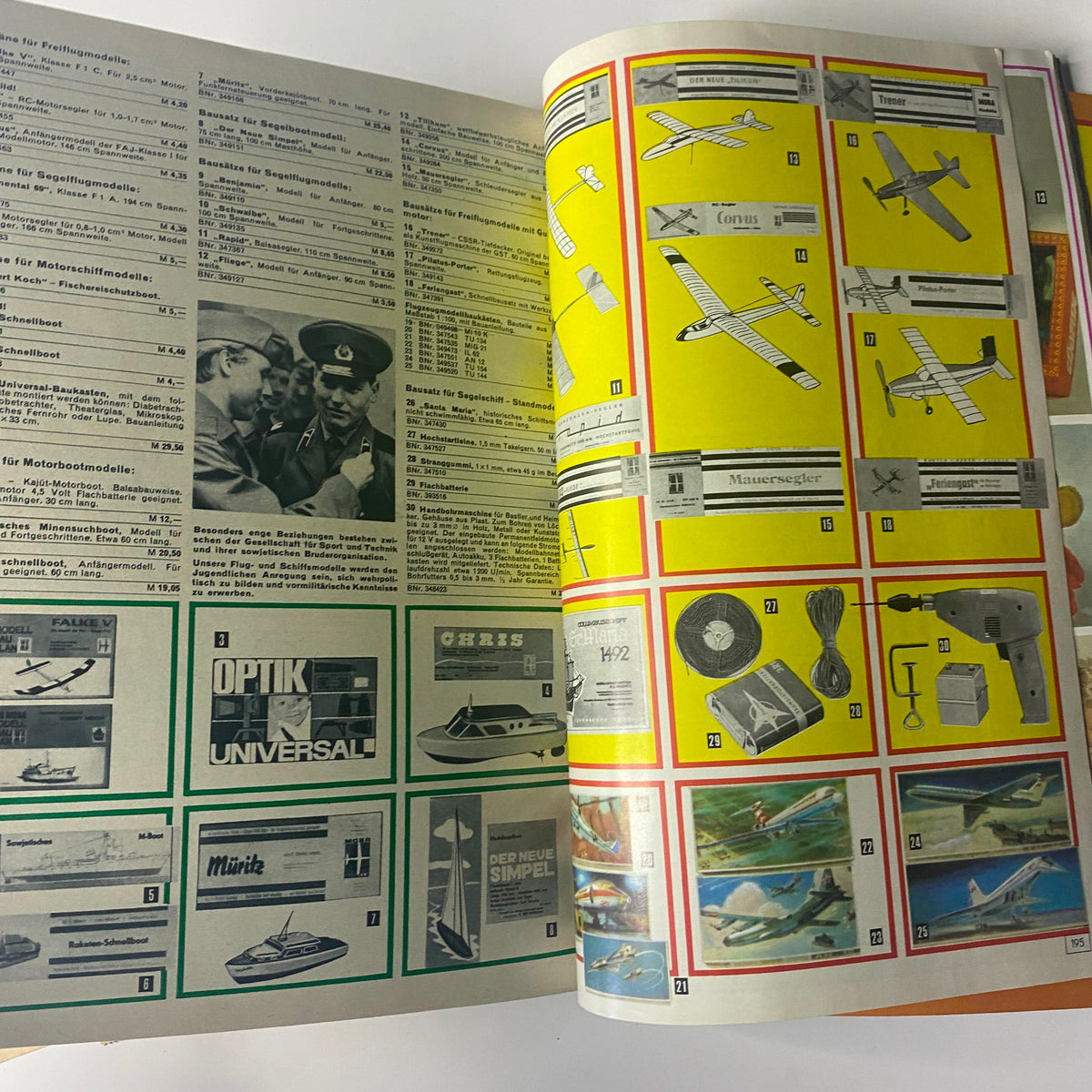 1975 Konsument Summer Catalog illustrating model airplanes and hobby kits, featuring various designs and brands for collectors and enthusiasts.