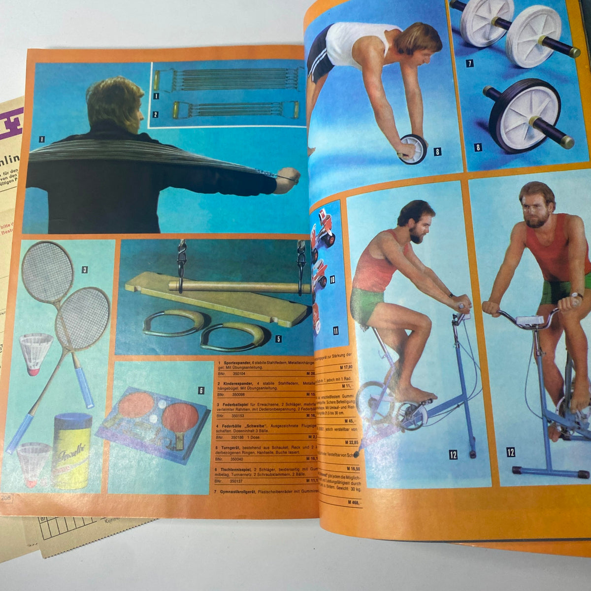 1975 Konsument Summer Catalog depicting fitness equipment and outdoor sports gear for men, featuring images of workout tools and athletic apparel.