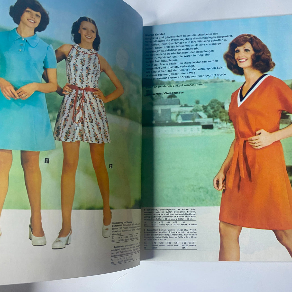 Interior pages of the 1974 Konsument Summer Catalog featuring three women modeling summer dresses in vibrant colors and styles, showcasing mid-70s women's fashion.
