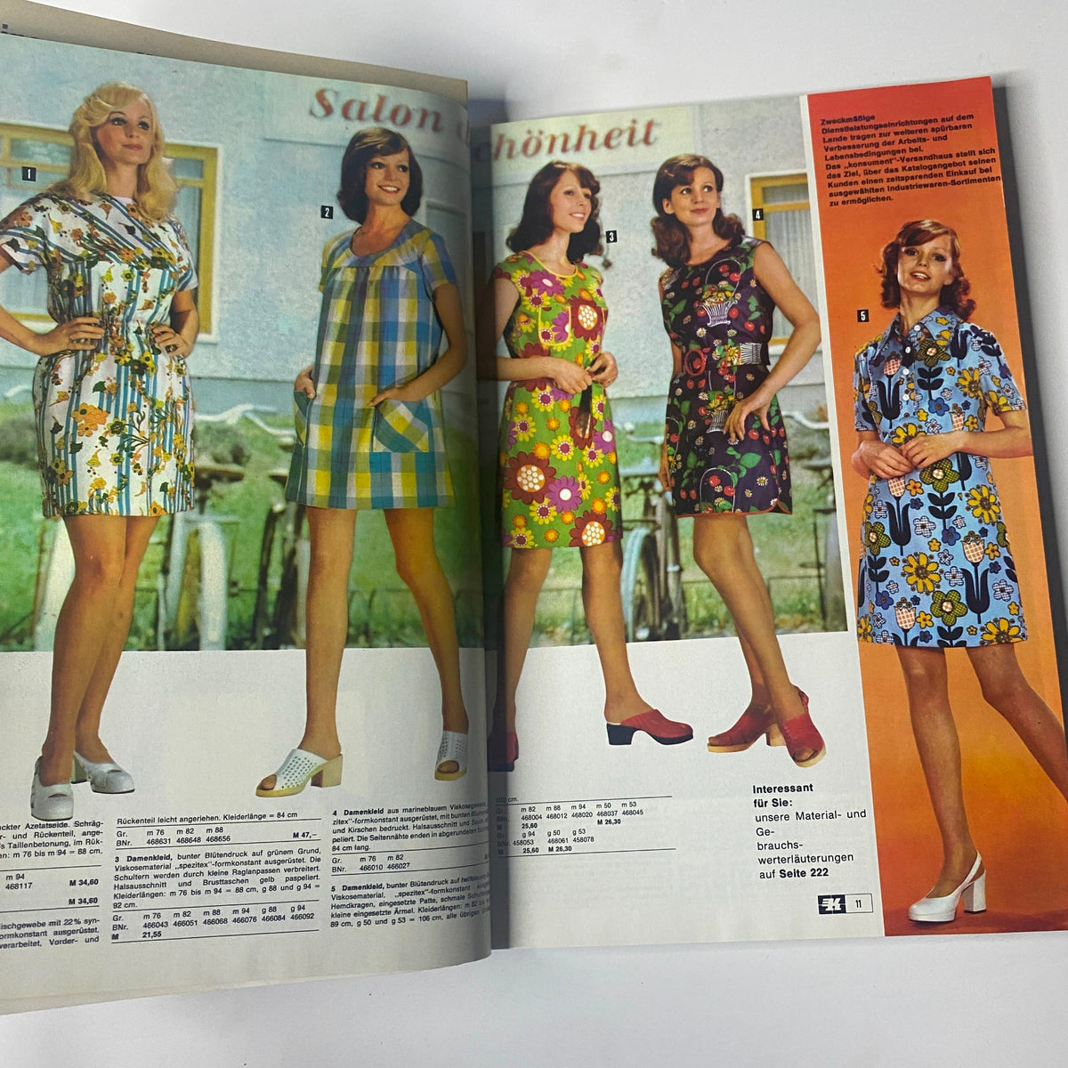 1974 Konsument Summer Catalog featuring women in vibrant floral and plaid dresses, reflecting mid-70s fashion trends, ideal for summer wear.