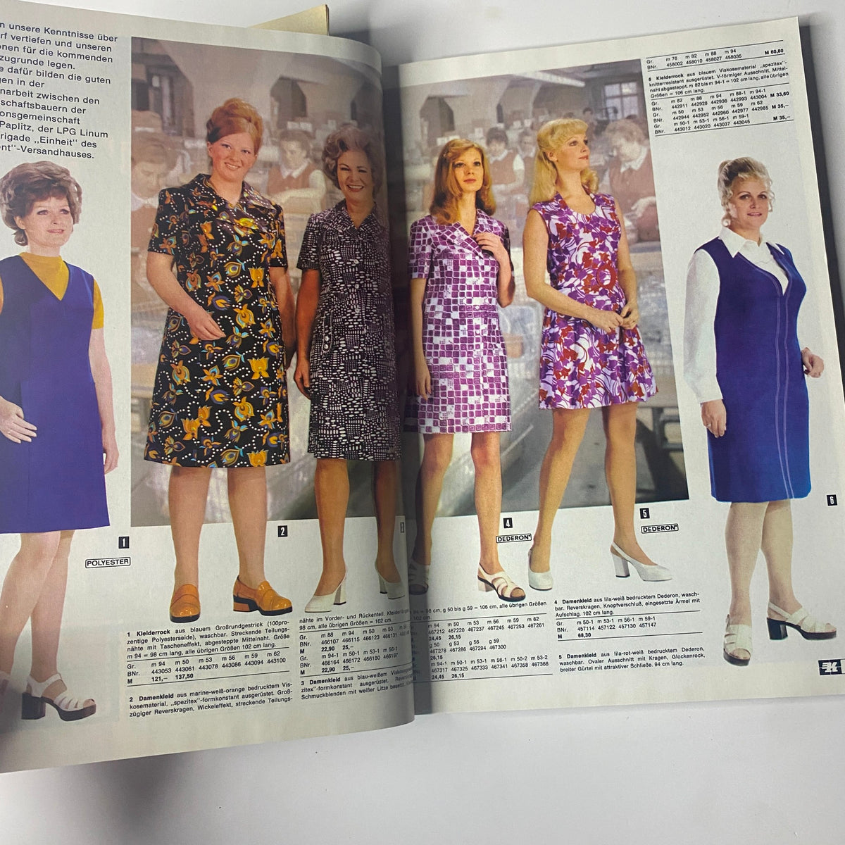 1974 Konsument Summer Catalog displaying a collection of elegant women's dresses with diverse color schemes and styles from the 1970s, emphasizing summer fashion trends.