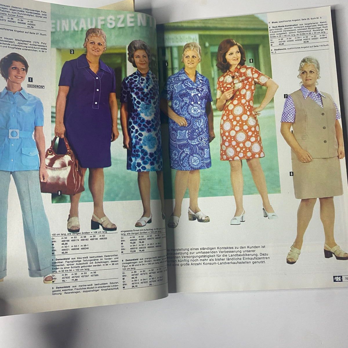 1974 Konsument Summer Catalog illustrating women in sophisticated summer apparel, including skirts and blouses with stylish patterns, representing fashion of the 1970s.
