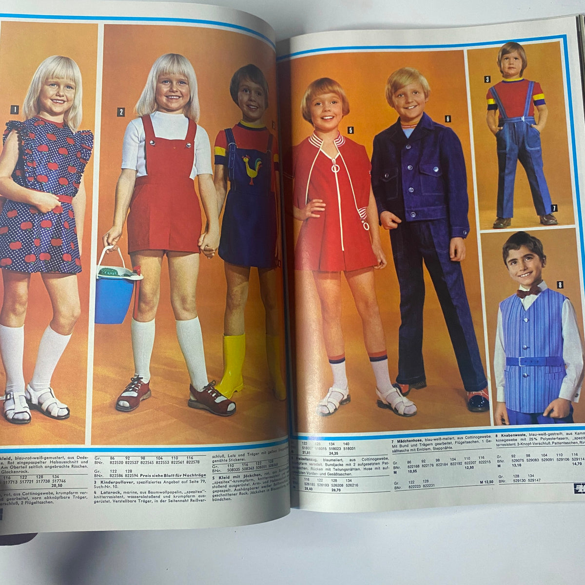 1974 Konsument Summer Catalog showcasing stylish children’s fashion with colorful dresses and outfits in a playful setting.