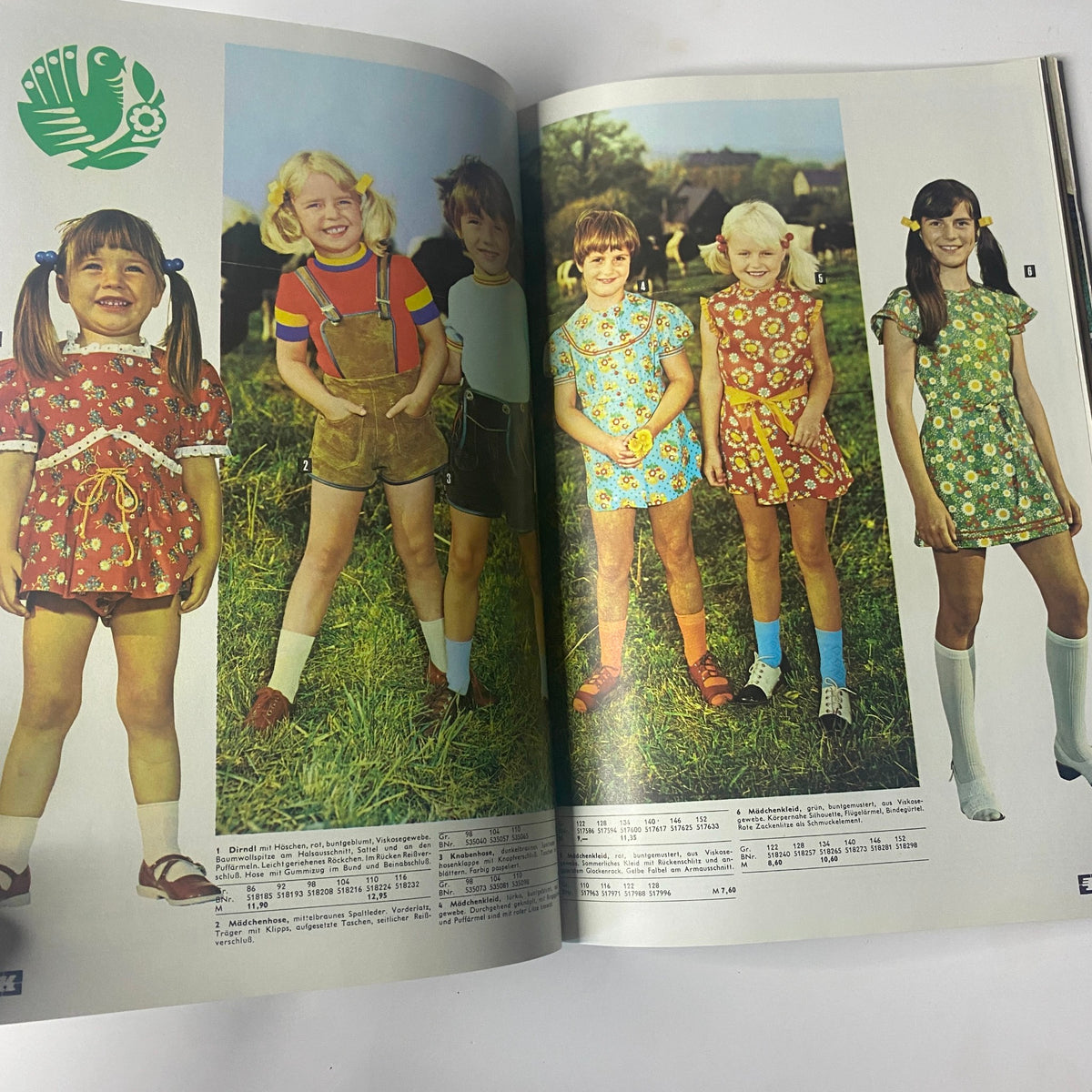 1974 Konsument Summer Catalog featuring kids in vibrant summer clothing with floral patterns and playful designs in an outdoor environment.