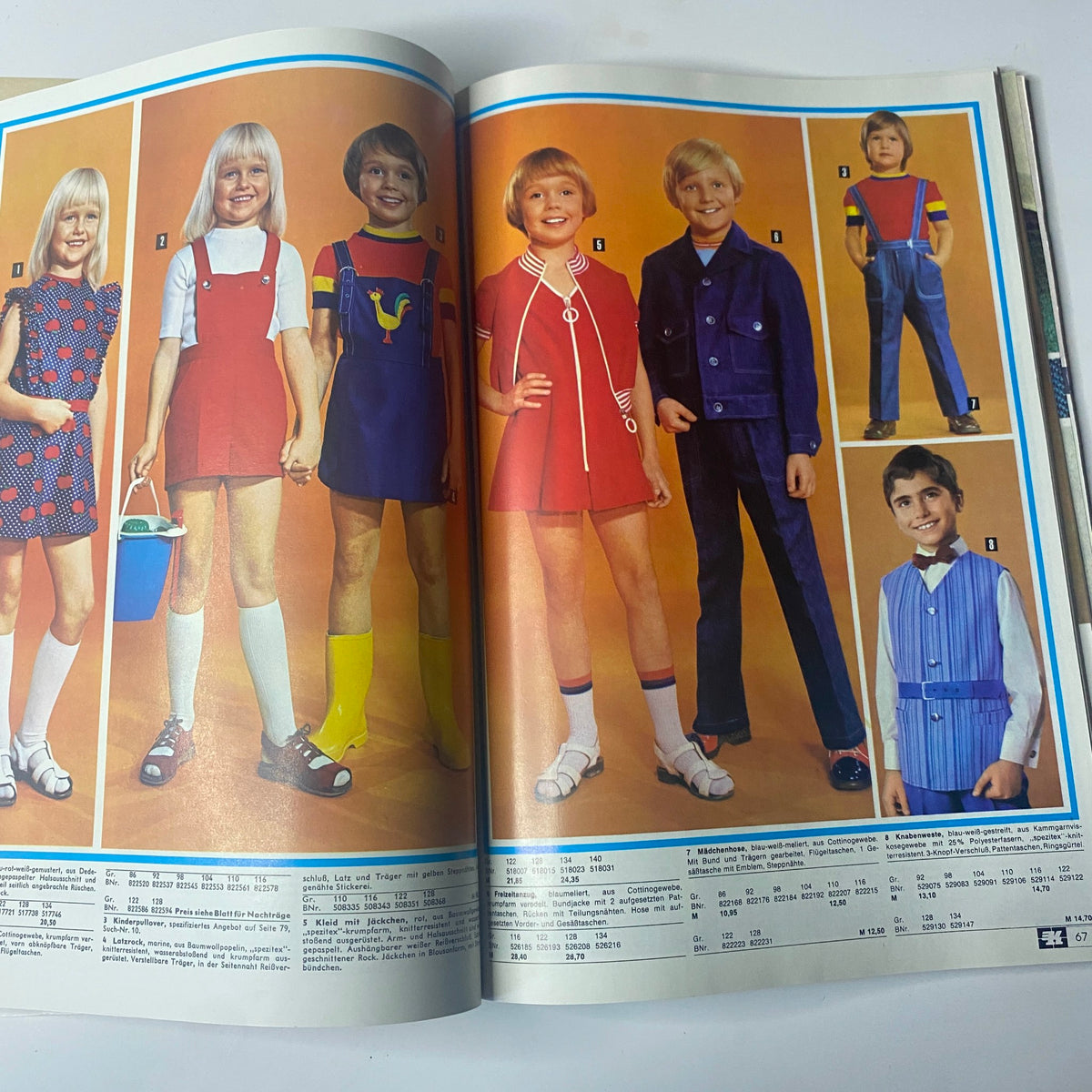 1974 Konsument Summer Catalog displaying a variety of children's fashion styles, including shorts and colorful dresses, in a cheerful indoor setting.
