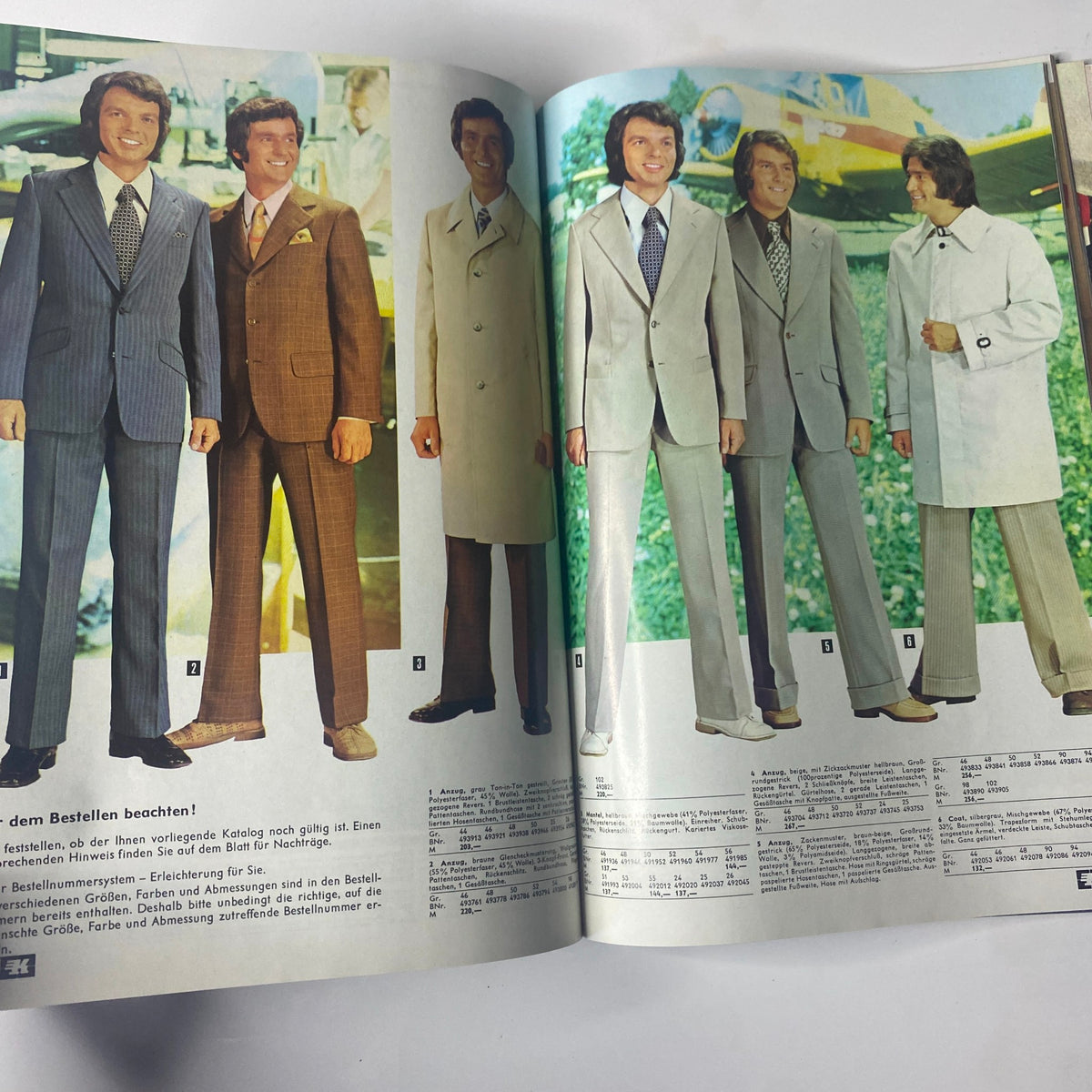 1974 Konsument Summer Catalog showcasing stylish men's fashion, featuring multiple tailored suits and formal attire for summer events.