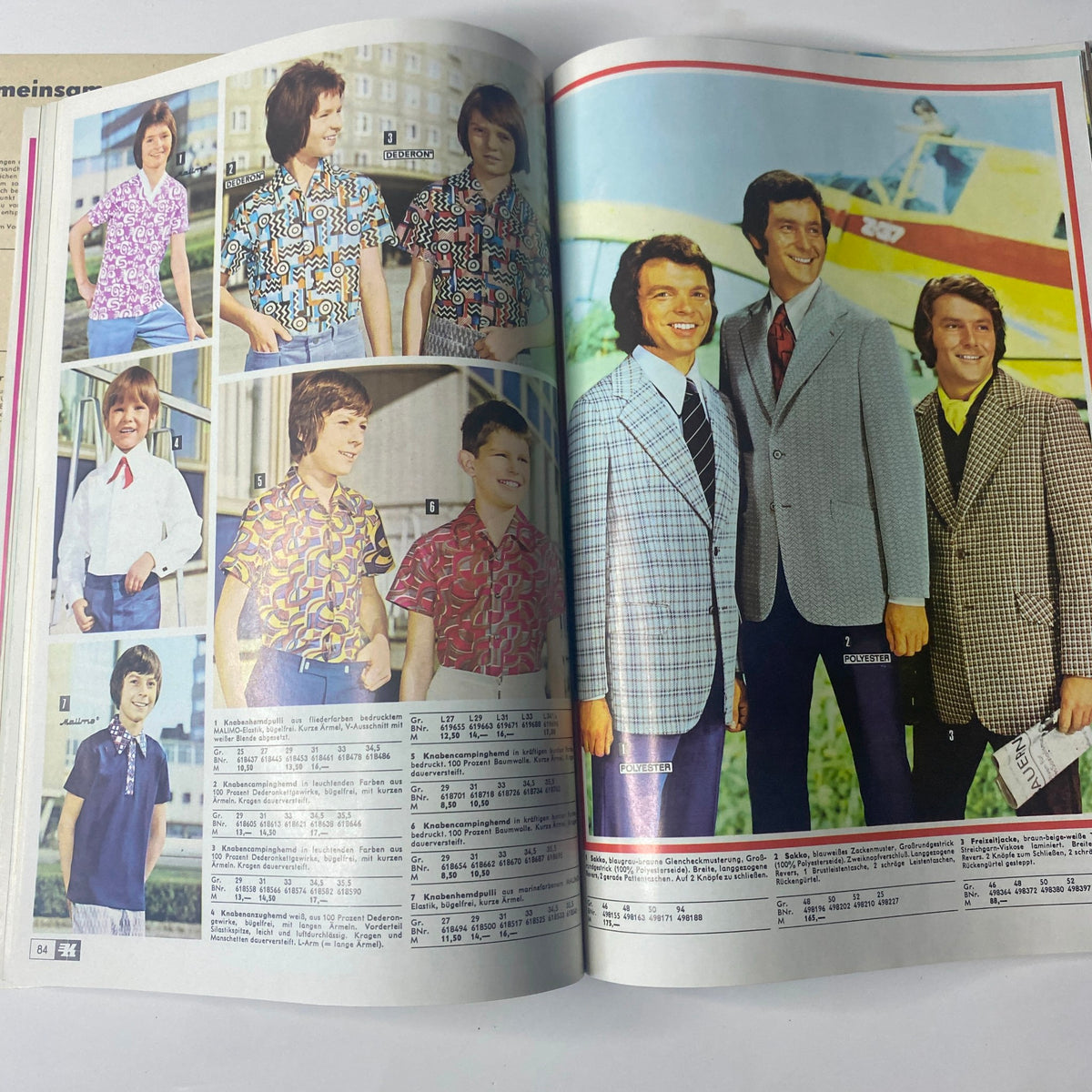 1974 Konsument Summer Catalog displaying a range of men's casual shirts and suits, highlighting mid-70s fashion trends.