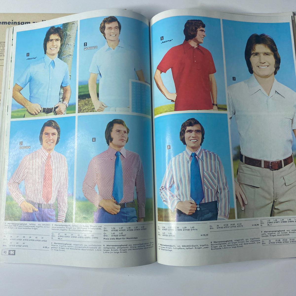 1974 Konsument Summer Catalog presenting various colored men's dress shirts, featuring contemporary styles from the 1970s.