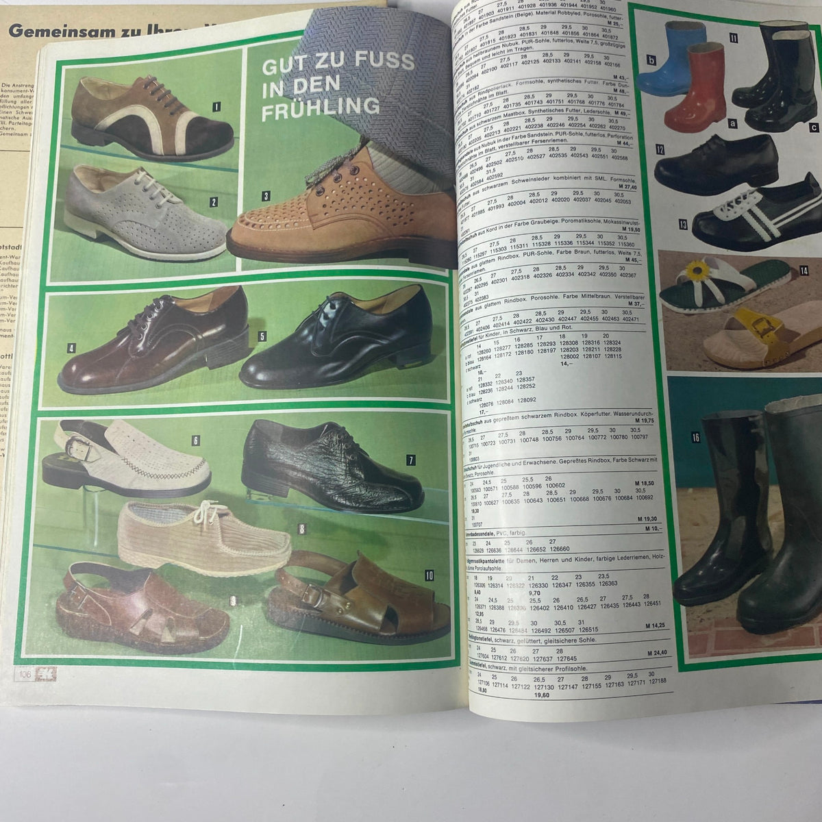 1974 Konsument Summer Catalog illustrating a selection of fashionable footwear, including various styles of shoes suitable for spring.