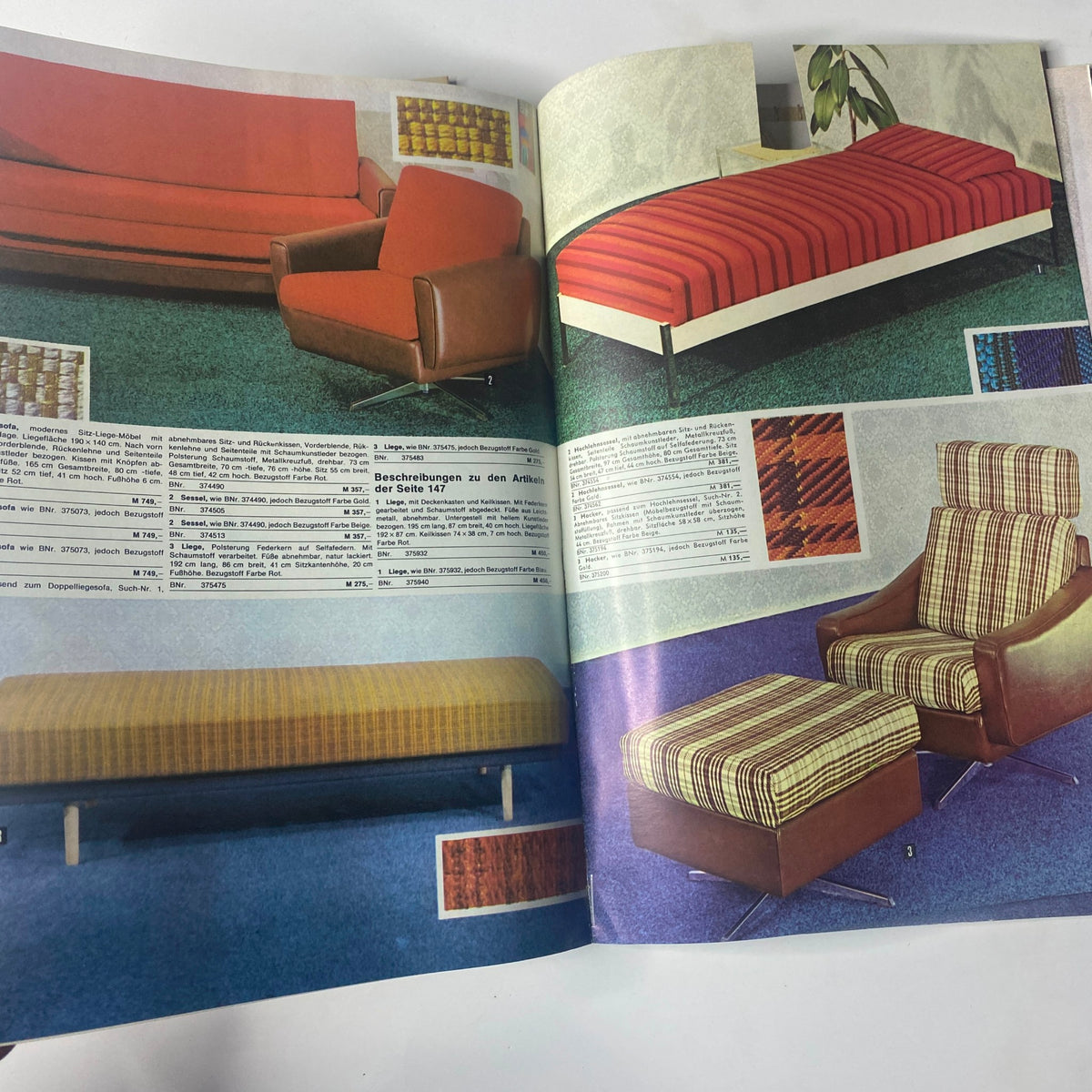 1974 Konsument Summer Catalog showcasing mid-70s modern furniture designs including a red sofa, patterned beds, and stylish armchairs, reflecting the contemporary aesthetics of the era.