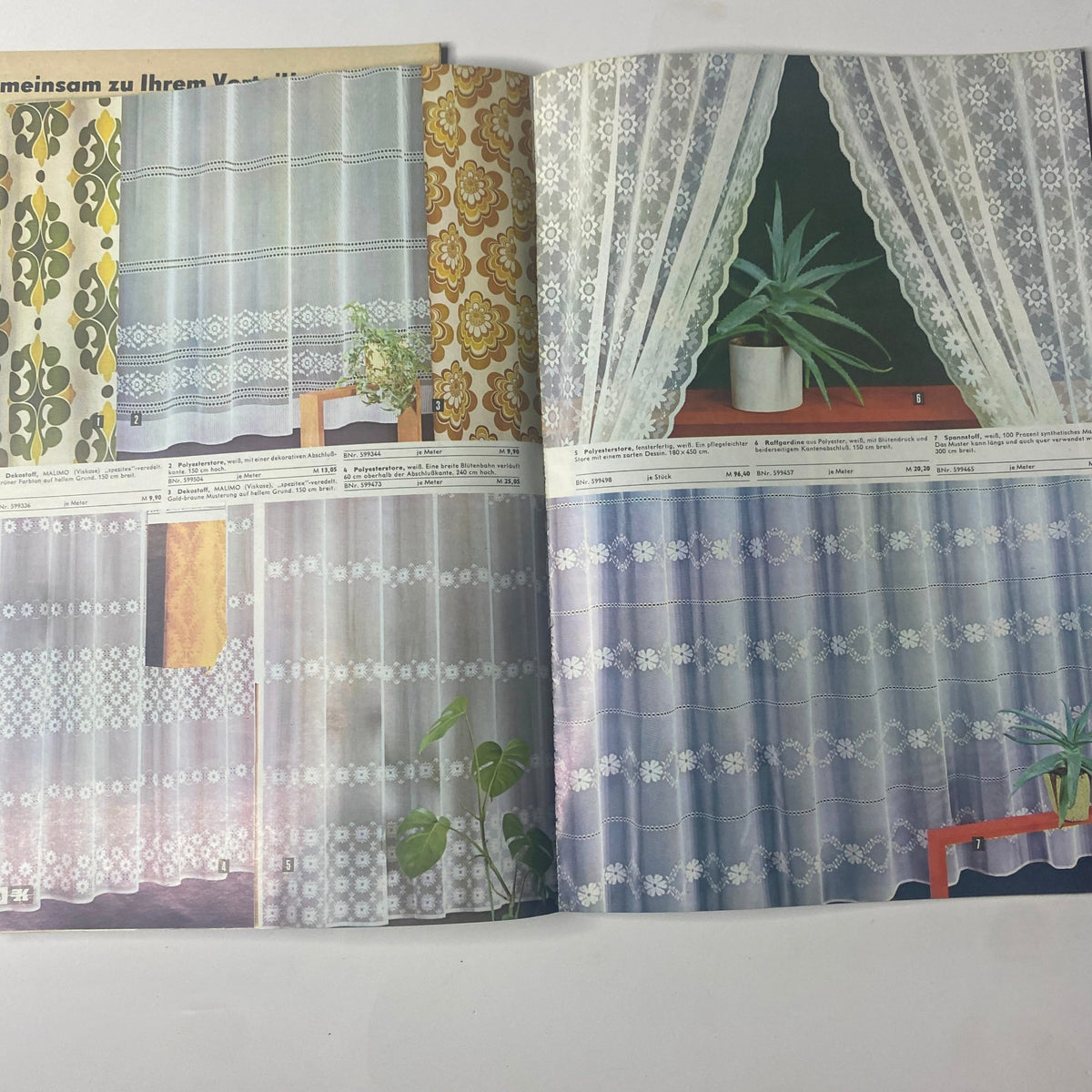 1974 Konsument Summer Catalog with an array of lace curtains in various patterns, demonstrating elegant window treatments and decorative elements for living spaces.