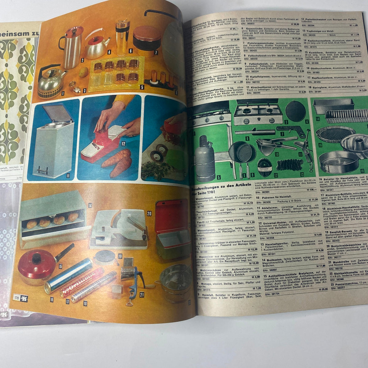 1974 Konsument Summer Catalog displaying a collection of essential kitchen gadgets and appliances, highlighting retro homeware and utensils from the 1970s era.