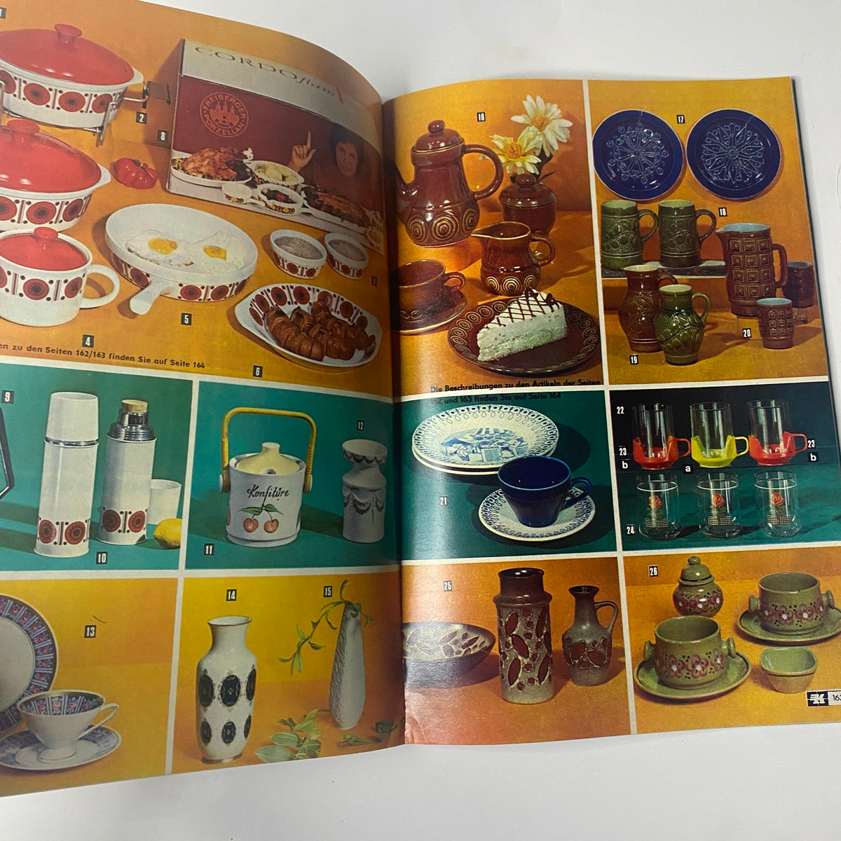 1974 Konsument Summer Catalog featuring a colorful assortment of dinnerware and decorative pottery, showcasing the trendy designs and styles of tableware available in the 1970s.