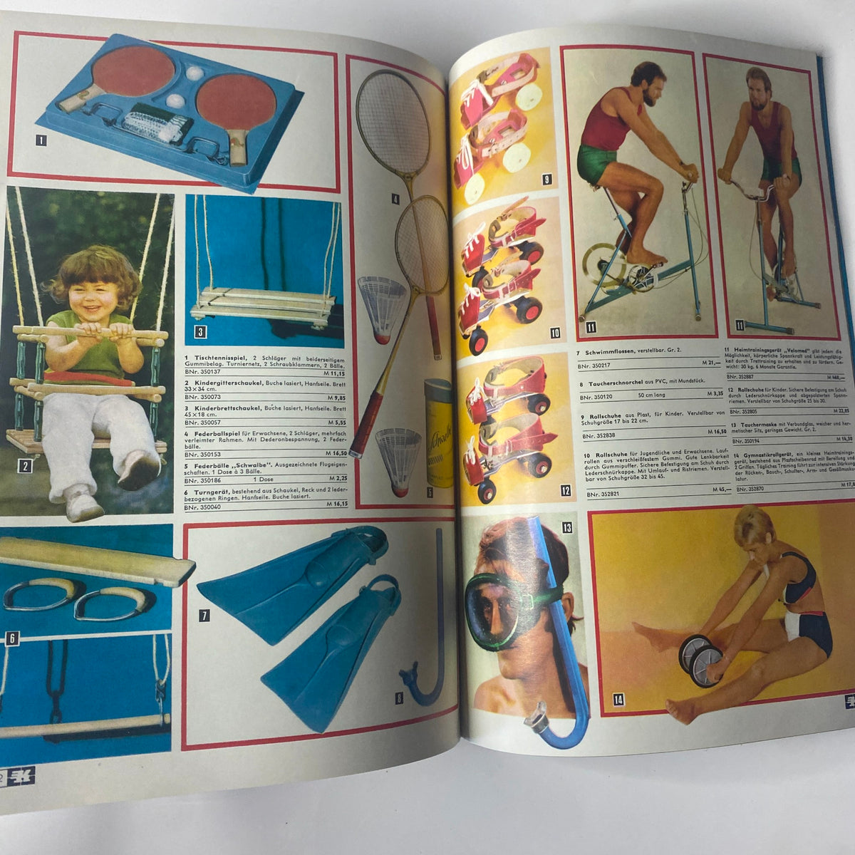 1974 Konsument Summer Catalog showing various sports and outdoor equipment, including a child on a swing, paddles, and bikes, showcasing mid-70s recreational trends.