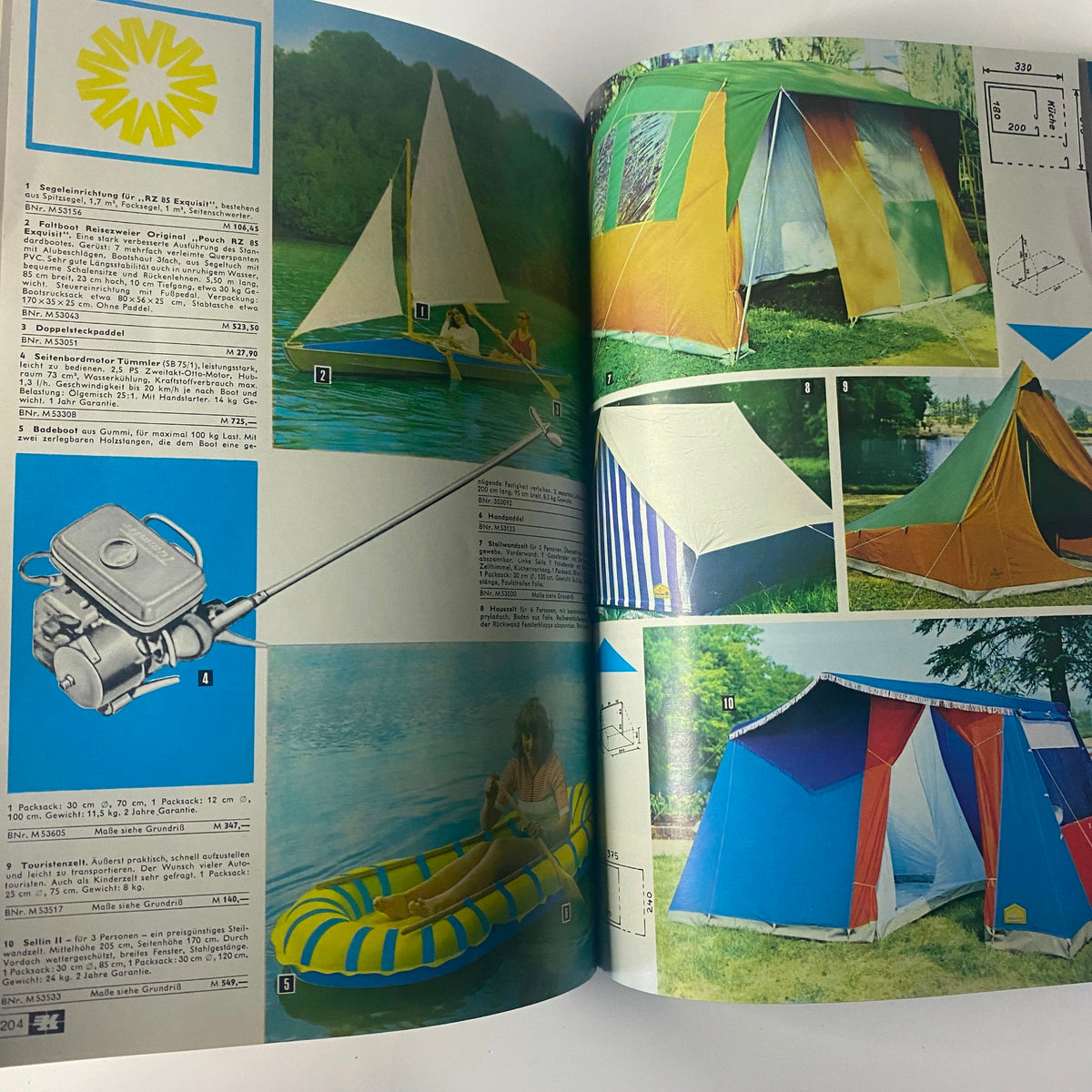 1974 Konsument Summer Catalog displaying camping and outdoor gear, including tents and boats, emphasizing leisure activities from the mid-70s.