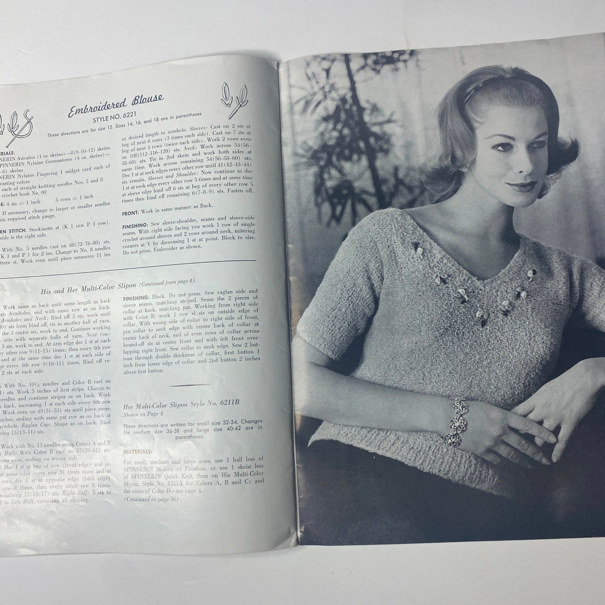 Page from the 1962 Spinerin Bulky Fashionables Catalog showcasing an embroidered blouse style 621 with detailed knitting instructions and a model wearing the design.