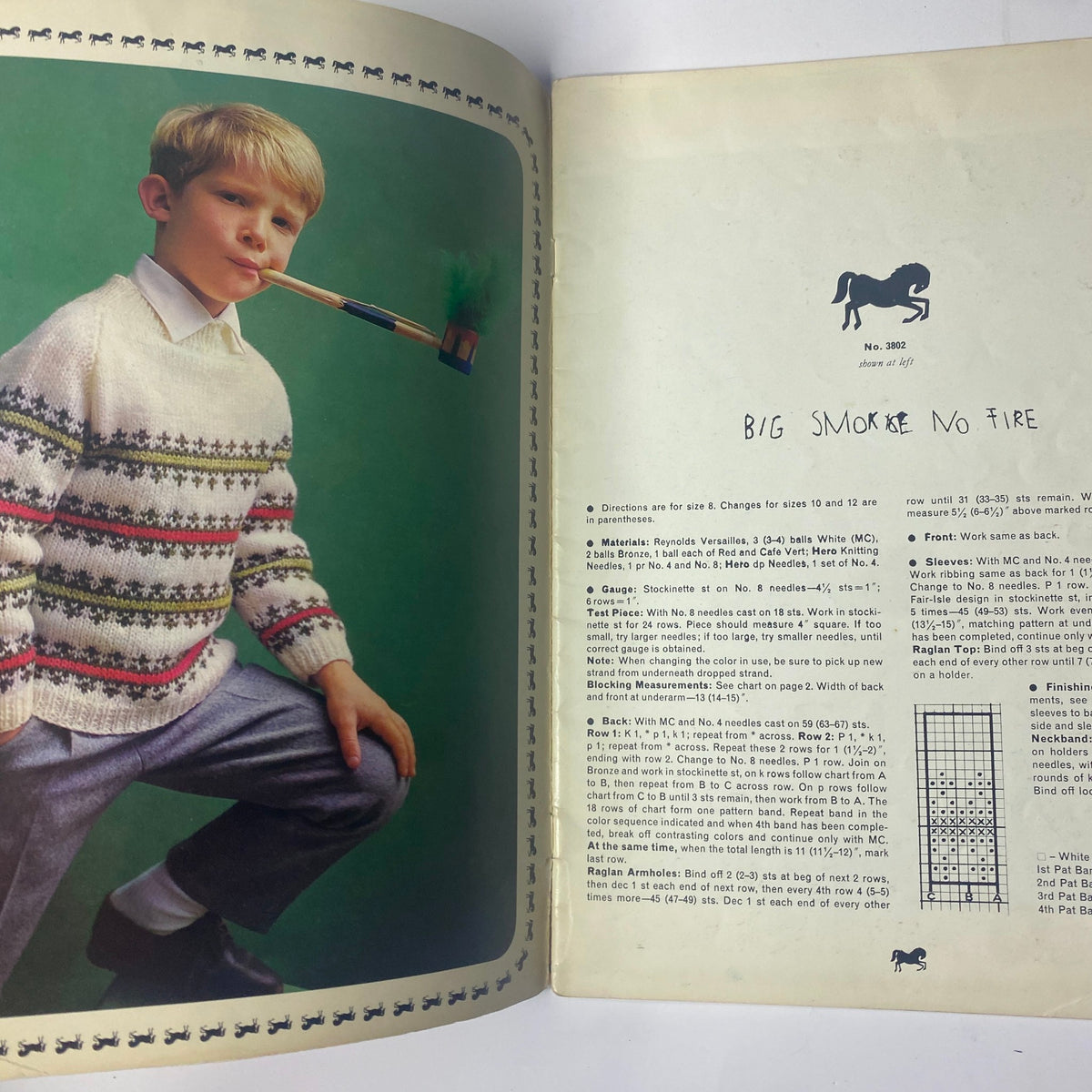 Inside page of the 1980s Reynolds Designer Fashions for Children Catalog showcasing a boy in a Fair Isle sweater with a humorous pose, captioned 'BIG SMOKE, NO FIRE,' complete with knitting pattern details.