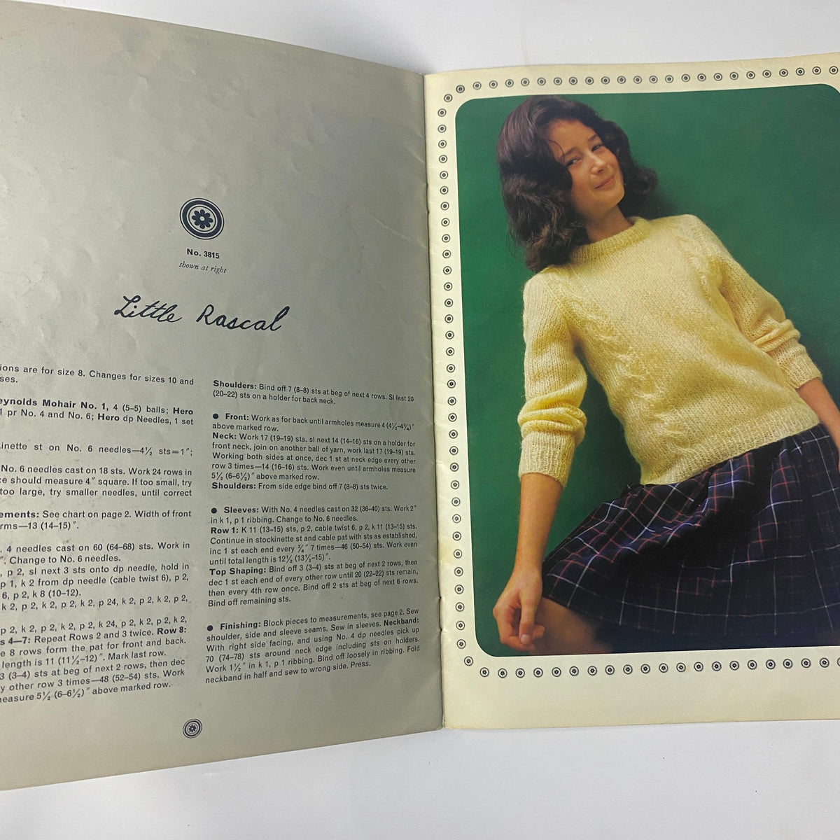 1980s Reynolds Designer Fashions for Children Catalog presenting the 'Little Rascal' sweater design for girls, featuring a soft yellow knit.