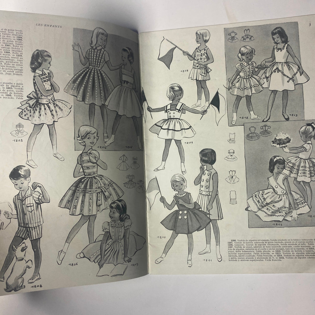 Interior page of the 1959 No. 55 Les Enfants Elegances Pratiques Catalog displaying black and white sketches of children's clothing patterns including dresses and accessories.