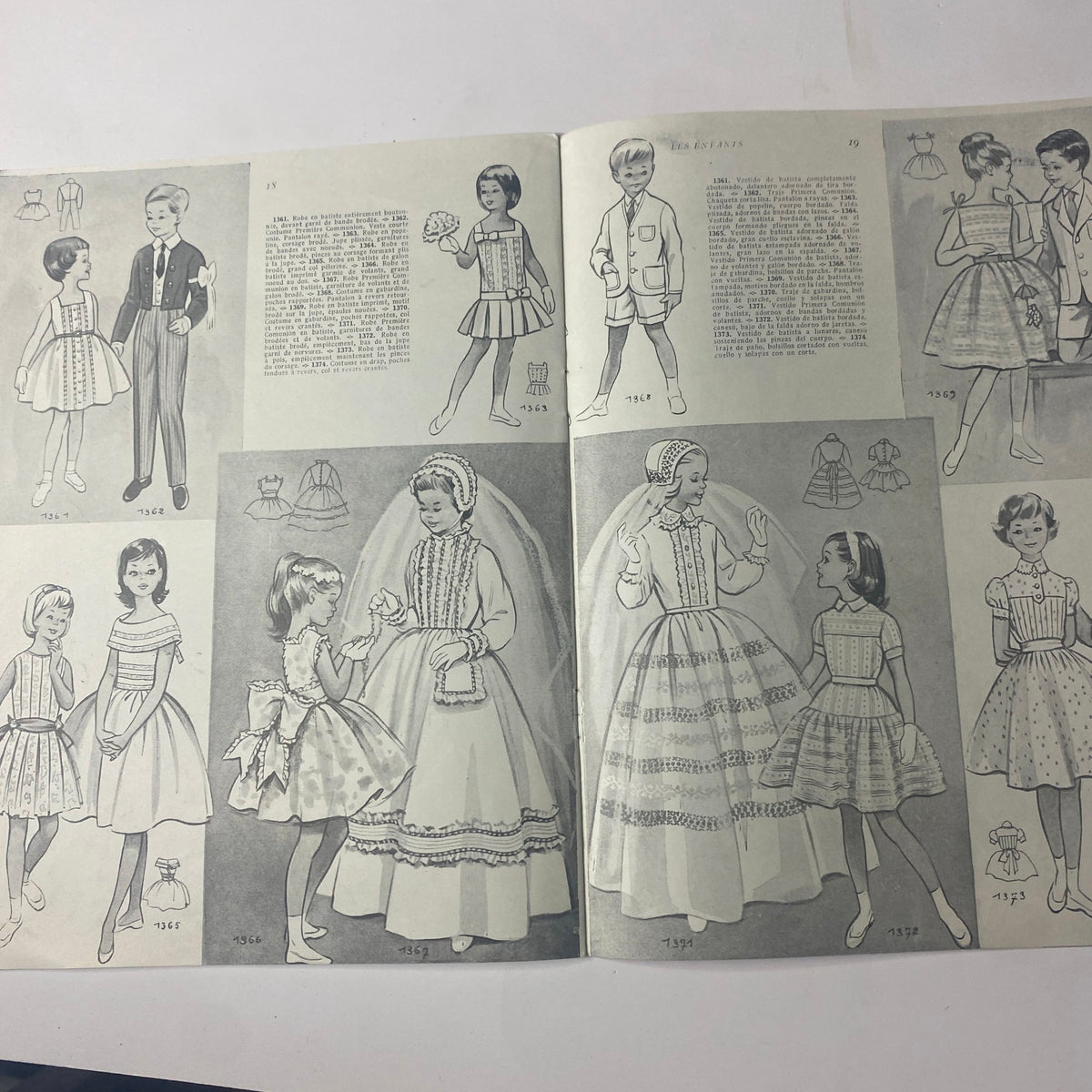 Illustrations from the 1959 No. 55 Les Enfants Élégances Pratiques Catalog showcasing vintage children’s clothing designs, including dresses and suits with elegant mid-century styling.