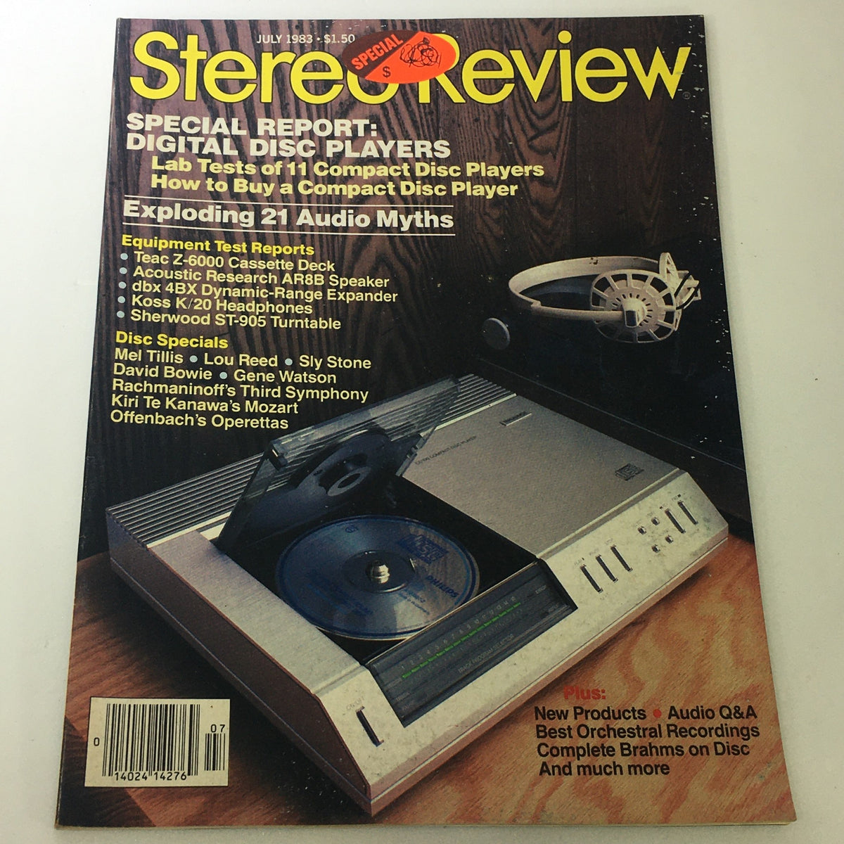 Vintage Stereo Review Magazine July 1983 featuring Mel Tillis, Lou Reed, and Sly Stone. The cover displays an image of a compact disc player and audio equipment, highlighting special reports and disc specials.