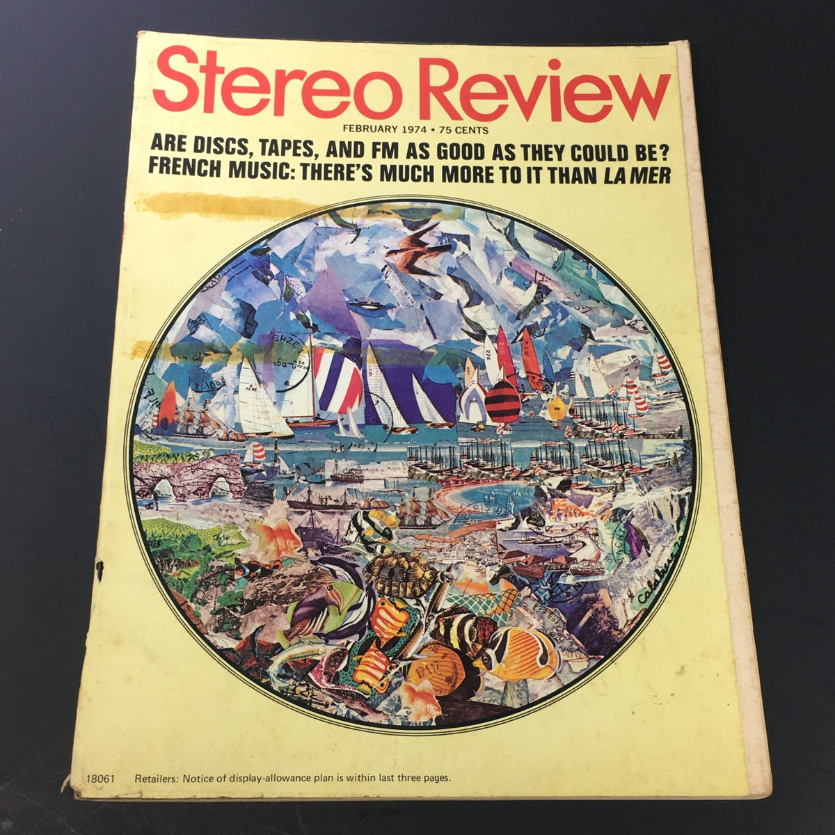 Cover of VTG Stereo Review Magazine February 1974 featuring vibrant artwork and the headline about French music beyond La Mer.