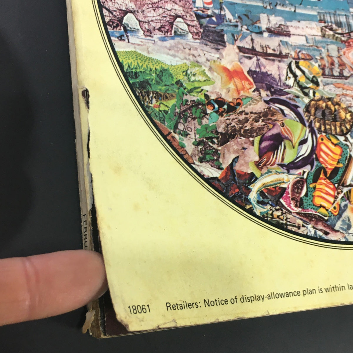 Close-up of the edge of VTG Stereo Review Magazine February 1974 illustrating minor wear and tear with visible marks, reflecting its vintage character.