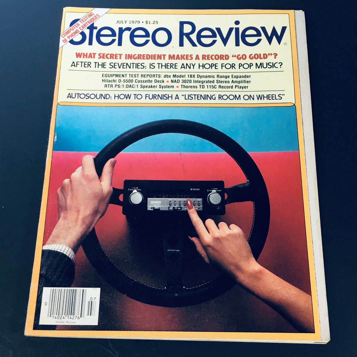Cover of VTG Stereo Review Magazine July 1979 featuring 'Auto-sound Listening Room On Wheels', showcasing a vintage car stereo device with a hand adjusting the controls, highlighting innovations in mobile audio systems.