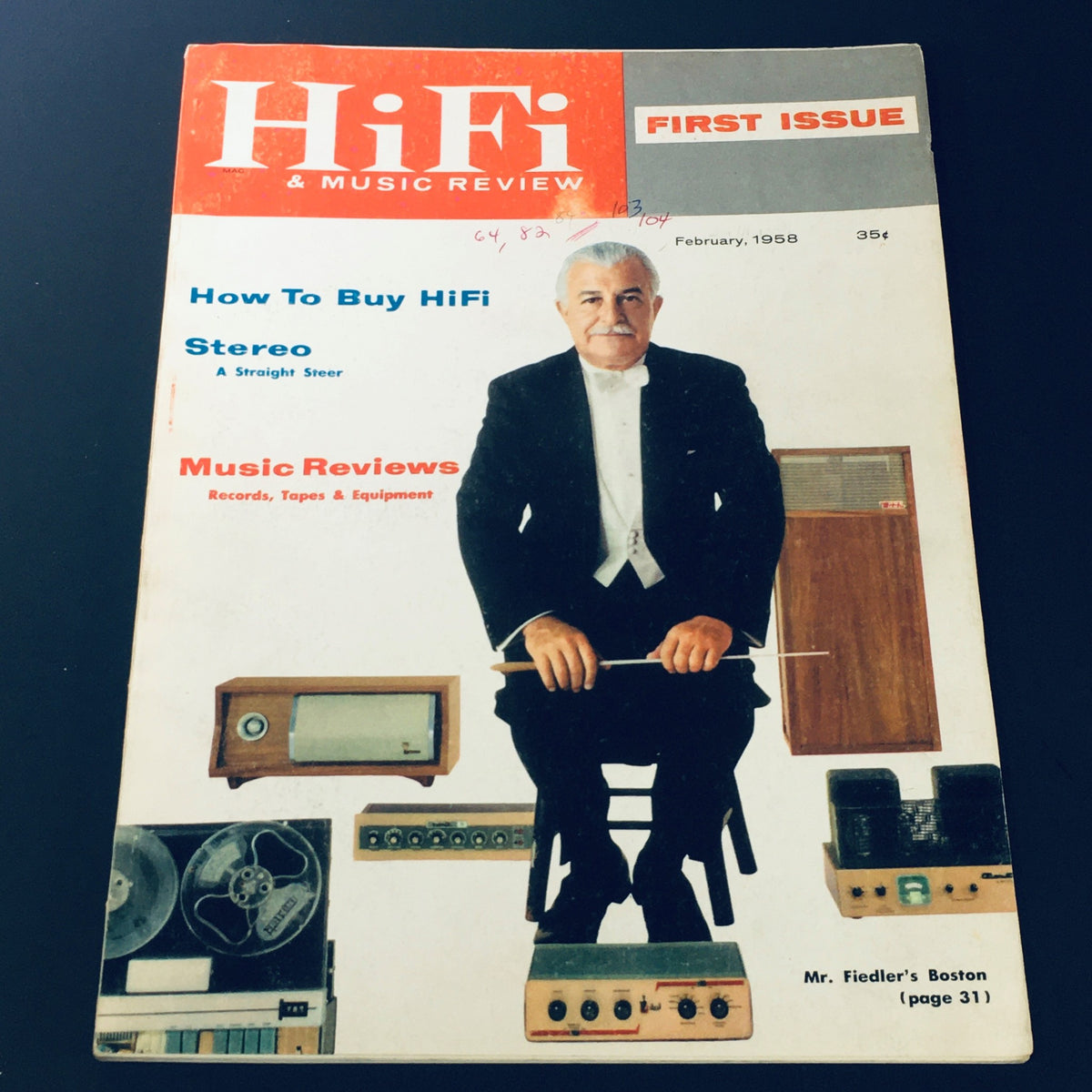 Cover of the February 1958 issue of HiFi & Music Review Magazine featuring Mr. Fred Fiedler, with details on music reviews, stereo equipment, and an article on Boston.