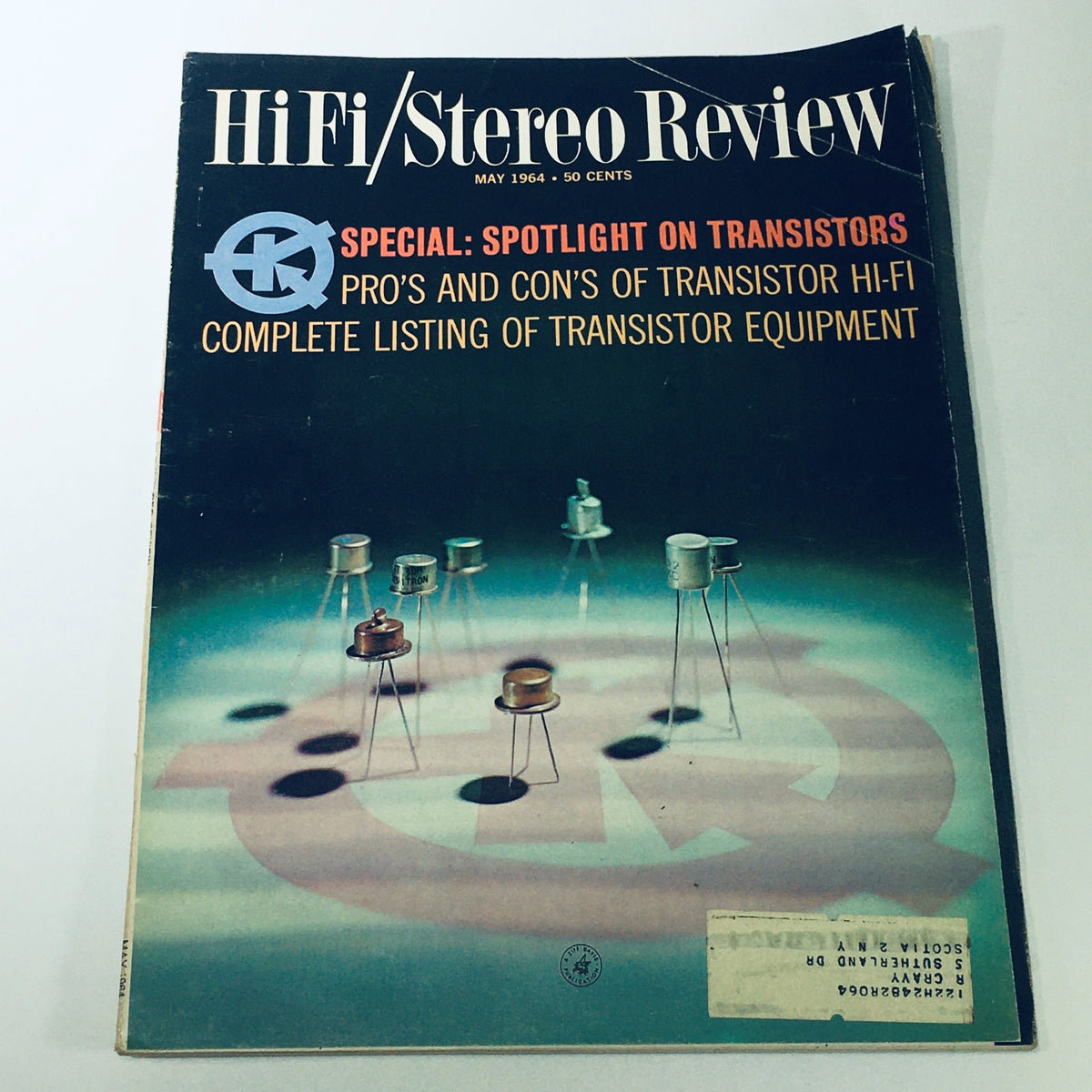 Cover of VTG HiFi Stereo Review Magazine May 1964 featuring a special spotlight on transistors along with a complete listing of transistor equipment, showcasing elements of vintage audio technology.