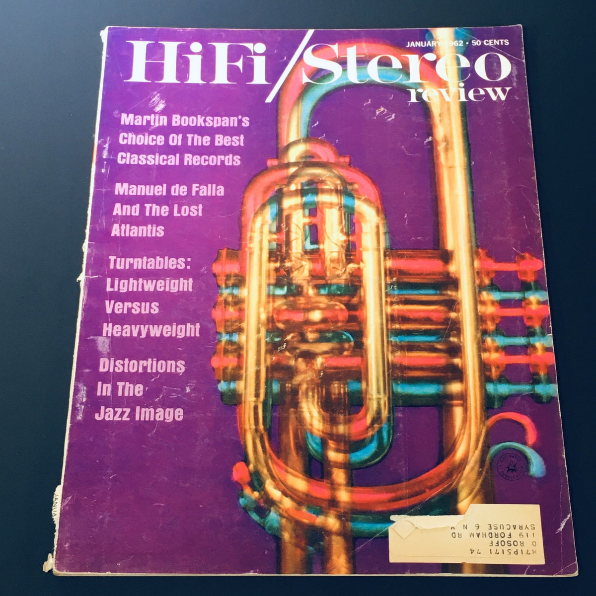 VTG HiFi Stereo Review Magazine January 1962 featuring colorful brass instrument design on the cover, showcasing audio technology and music insights.