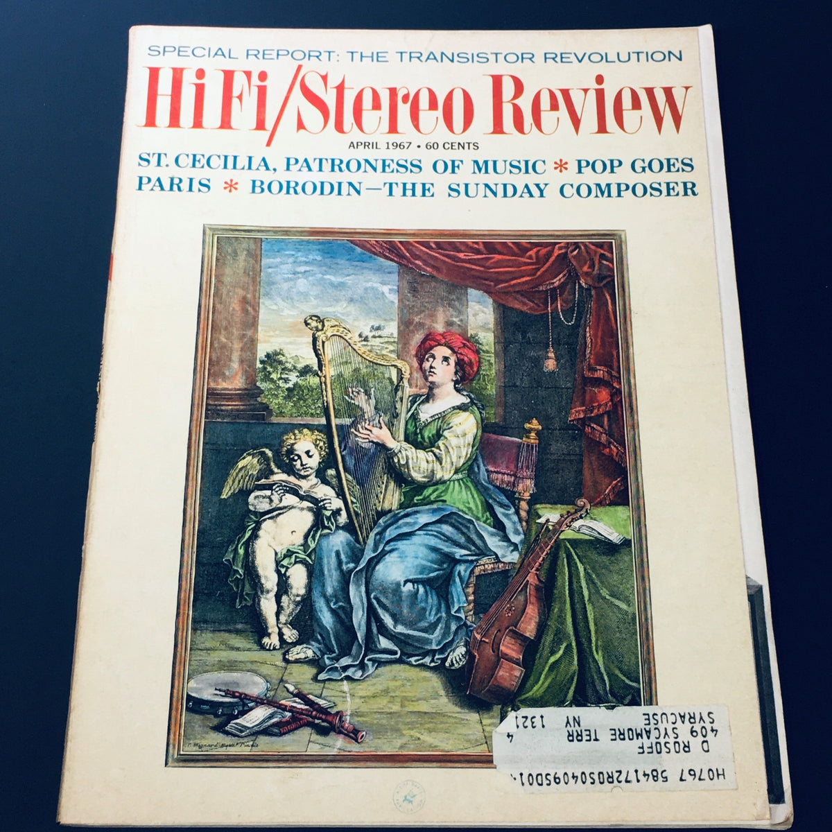 VTG HiFi Stereo Review Magazine April 1967 featuring artwork of St. Cecilia, the Patroness of Music, showcasing vintage audio culture with a colorful cover illustration.