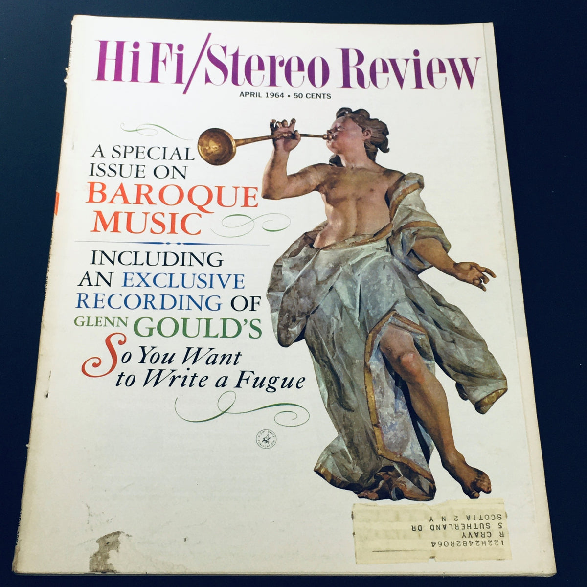 Cover of the HiFi Stereo Review Magazine from April 1964, featuring a special issue on Baroque Music, with a depiction of a figure playing a trumpet.