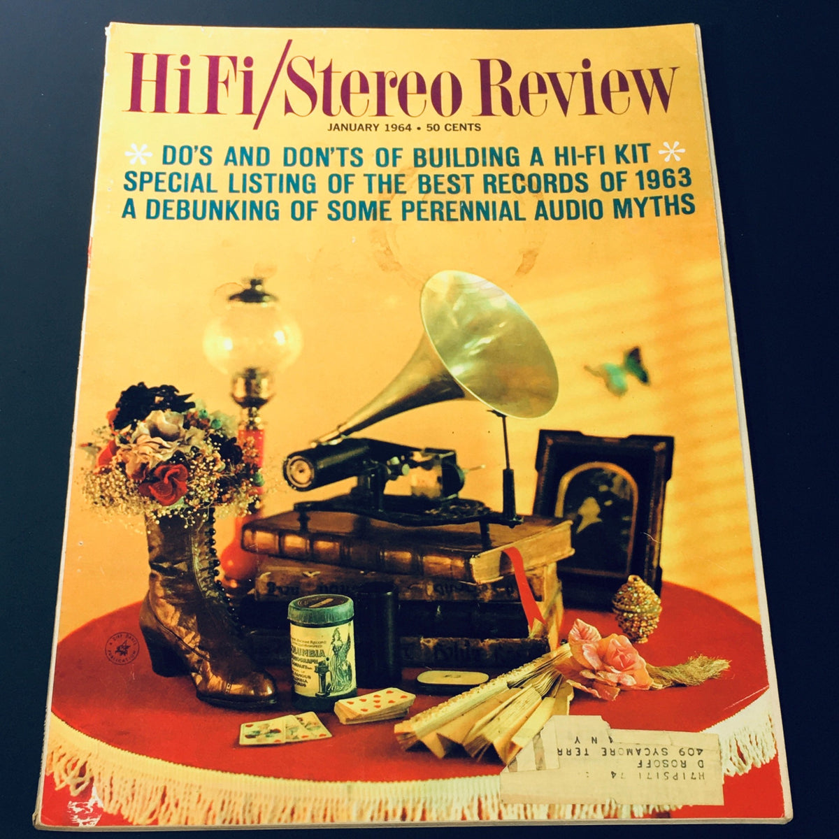 Cover of VTG HiFi Stereo Review Magazine January 1964 featuring a vintage gramophone, books, and floral arrangement, highlighting do's and don'ts of building a hi-fi kit and debunking perennial audio myths.