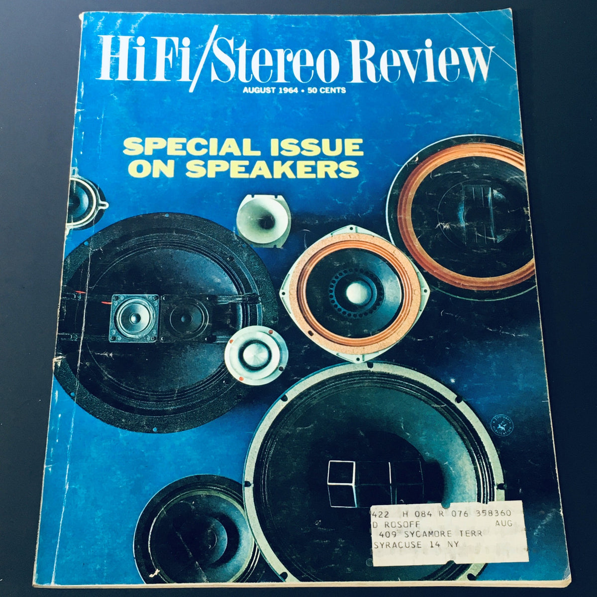 Cover of VTG HiFi Stereo Review Magazine August 1964, featuring a special issue on speakers, showcasing various audio speakers against a blue background.