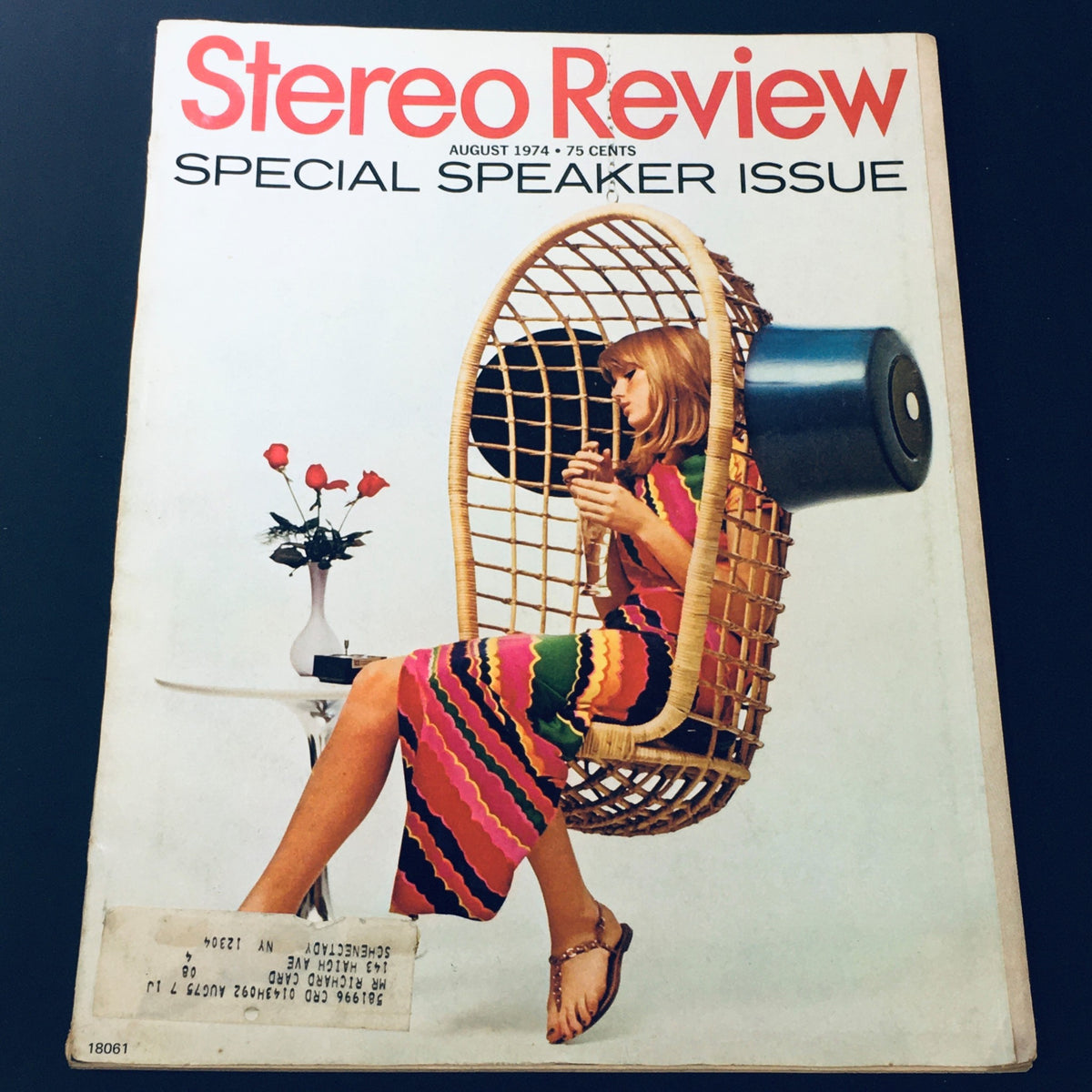 Cover of VTG Stereo Review Magazine August 1974 - Special Speaker Issue featuring a woman seated in a woven hanging chair, surrounded by vintage audio equipment and a vase of roses.