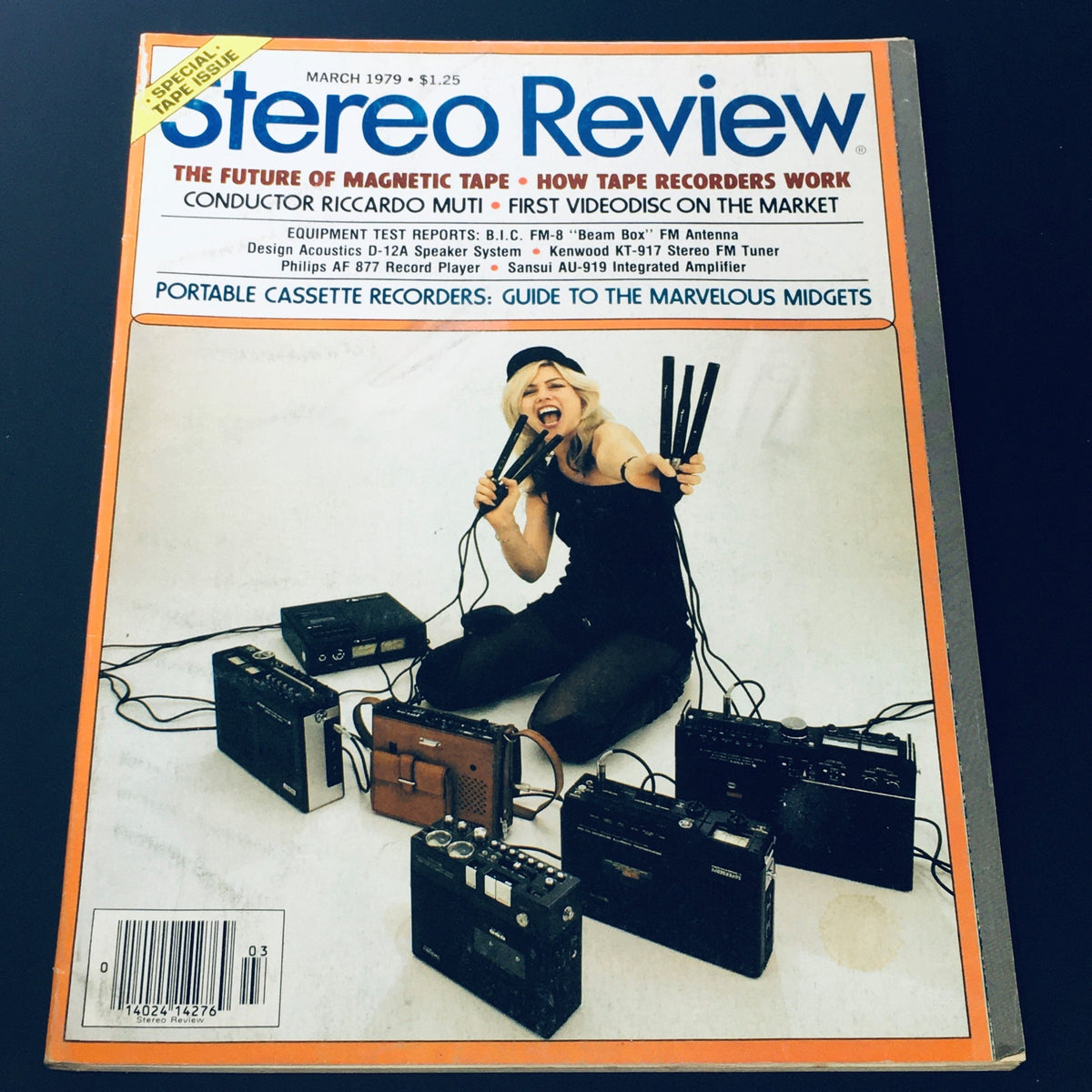 Cover of the March 1979 issue of Stereo Review magazine featuring conductor Riccardo Muti, a special issue on magnetic tape technology, and an image of a woman engaging with various tape recorders.