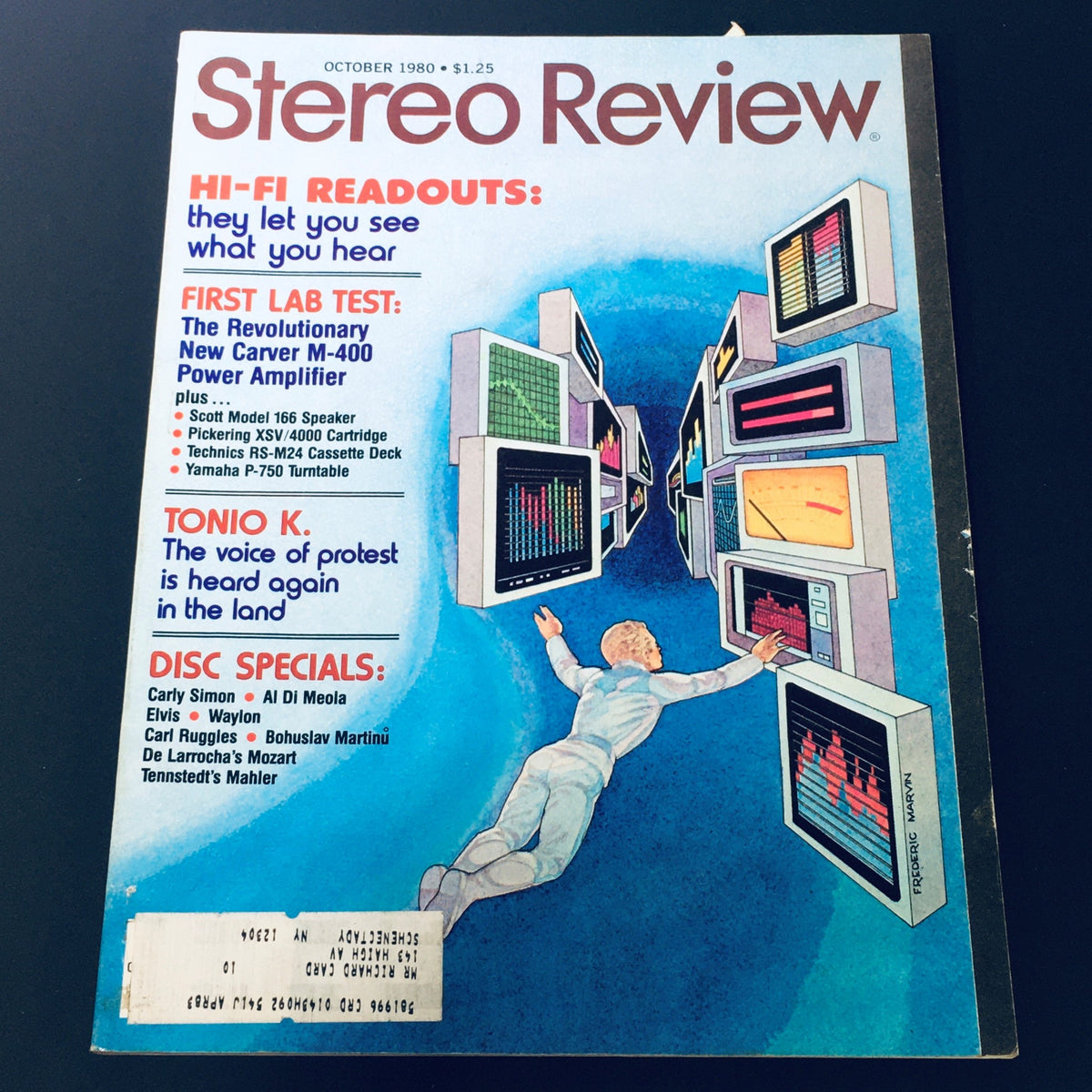 VTG Stereo Review Magazine October 1980 featuring articles on hi-fi readouts, reviews of audio equipment including Carver M-400 Power Amplifier, and highlights on artists like Carly Simon, Elvis Presley, and Tonyo K. Magazine cover showcases vibrant graphics related to sound technology.