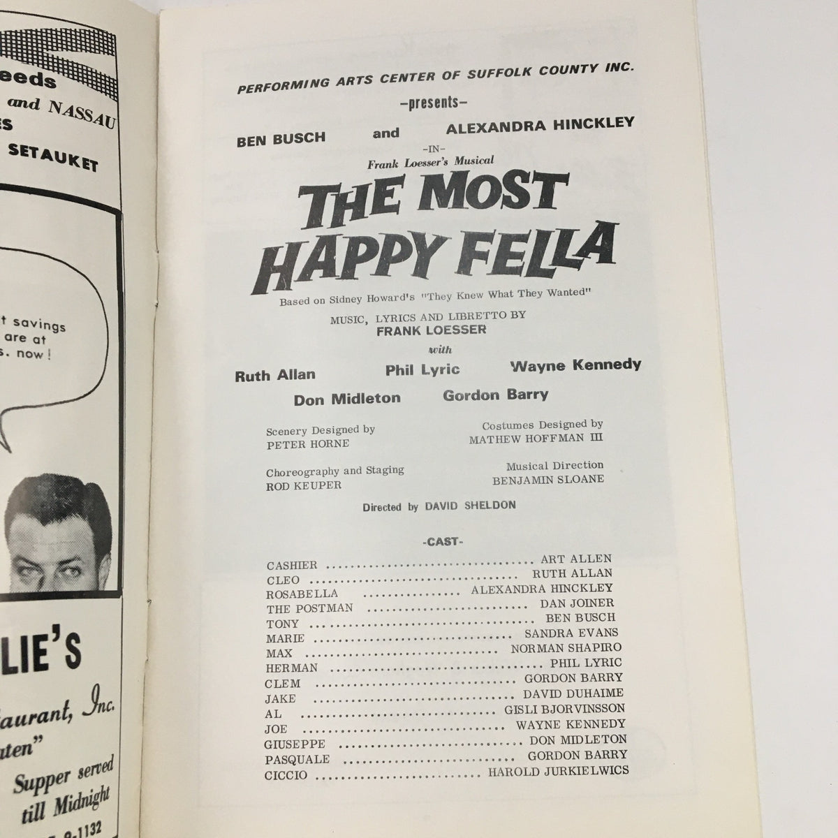 Inside view of the 1979 Playbill for Gateway Playhouse featuring Frank Loesser's musical The Most Happy Fella, showcasing cast listings and production credits.