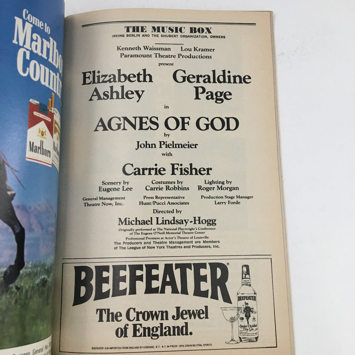 The cast page from the 1983 Playbill for Agnes of God, featuring Elizabeth Ashley and Geraldine Page, along with details about the production and crew.