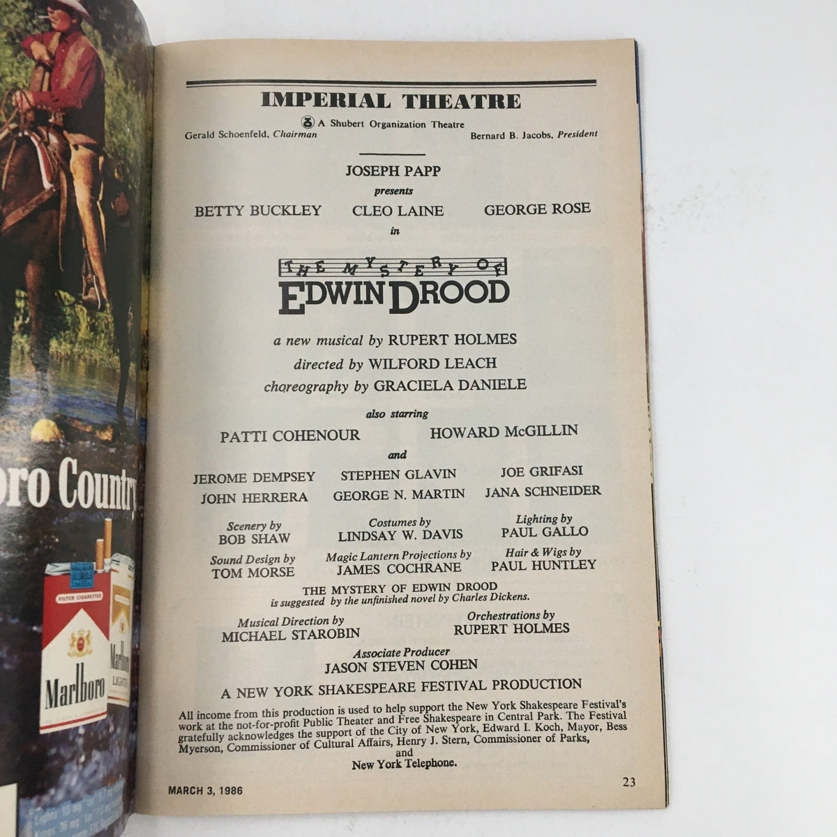Interior page of the 1986 Playbill for The Mystery of Edwin Drood, featuring cast and creative team details from the Imperial Theatre production presented by Joseph Papp.