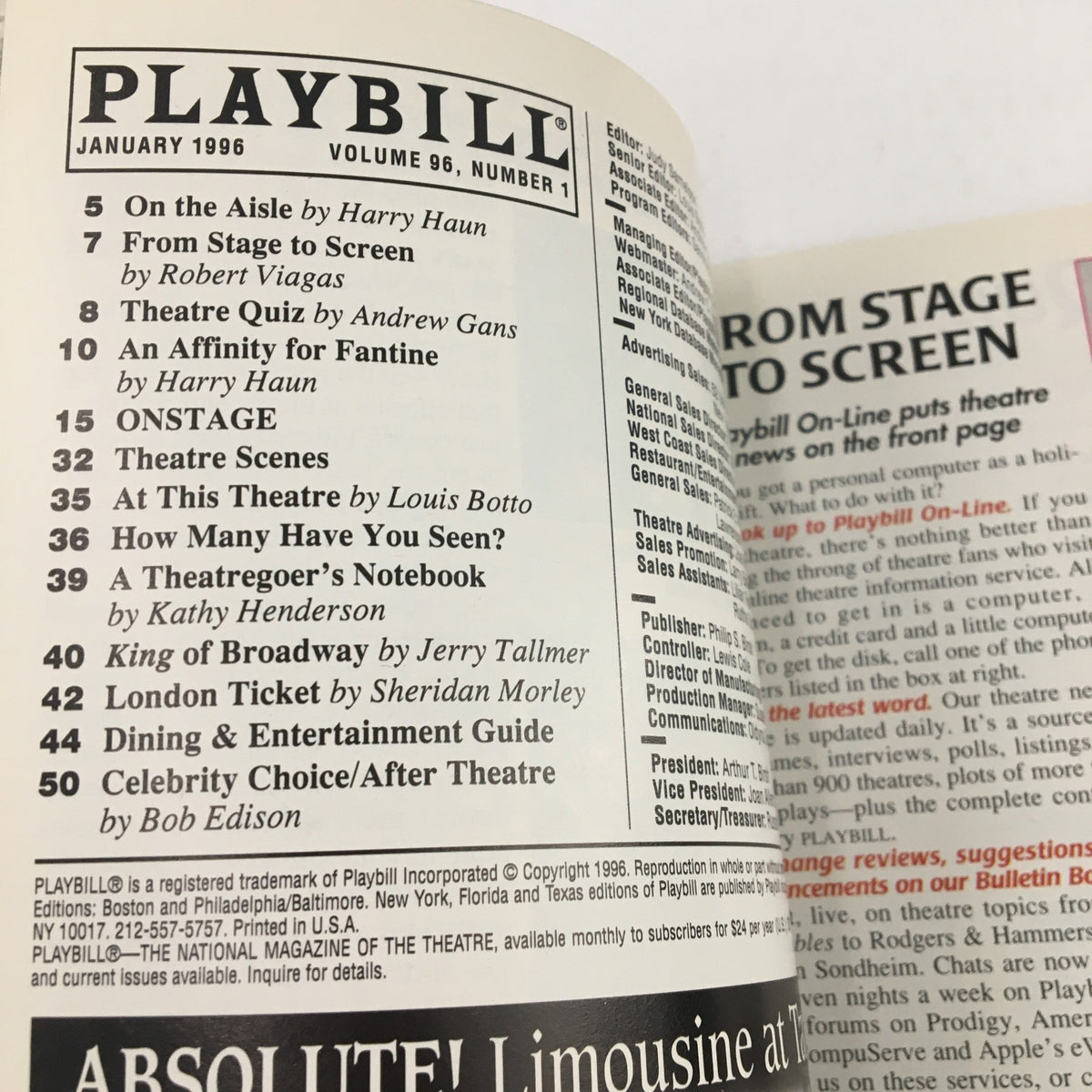 Inside view of the January 1996 Playbill for the musical Victor/Victoria featuring Julie Andrews at the Marquis Theatre, showcasing the contents and featured articles.