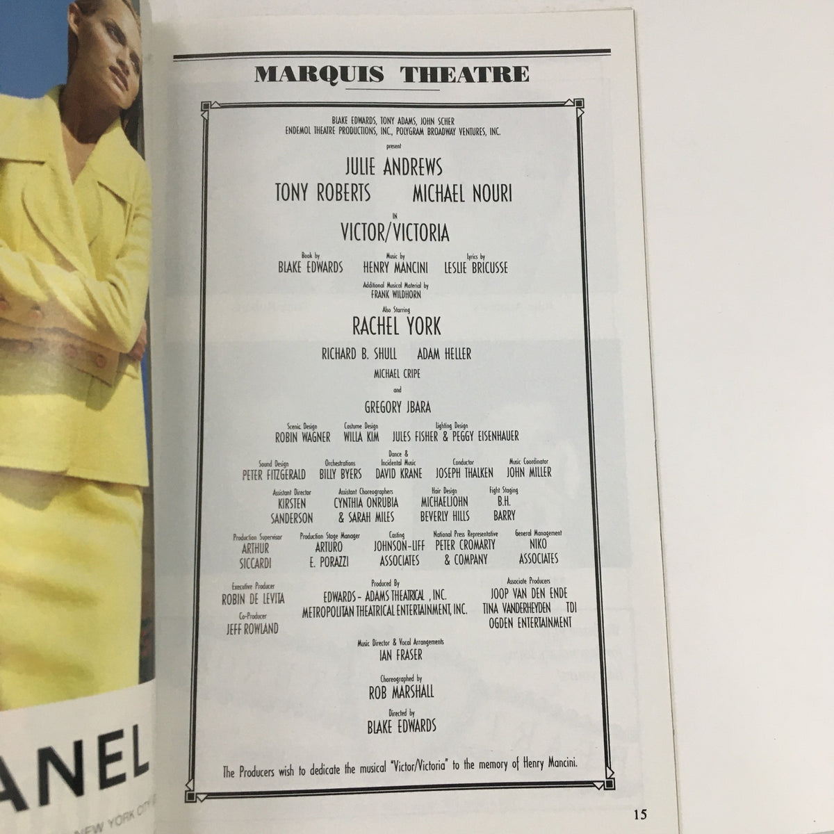 Credits page from the January 1996 Playbill for Victor/Victoria at the Marquis Theatre, listing cast and crew including Julie Andrews, Tony Roberts, and Michael Nouri.