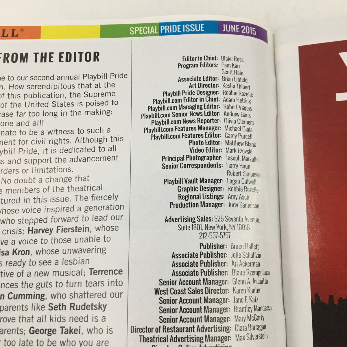 Special Pride issue of the Playbill from June 2015, featuring content related to the A Gentleman's Guide to Love & Murder production.