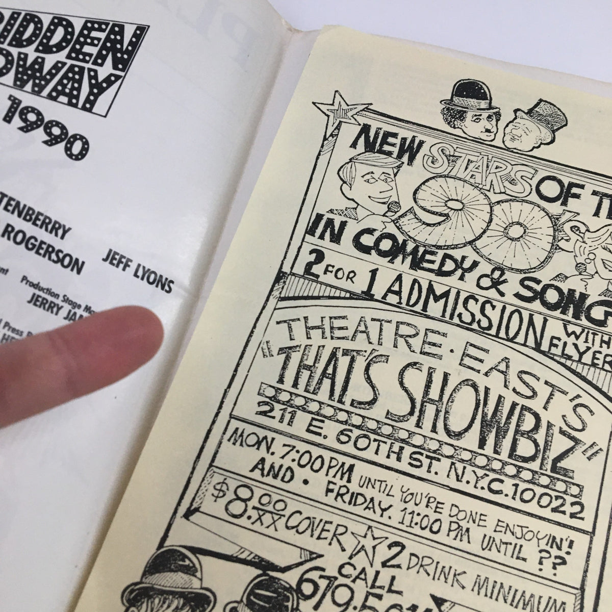 Inside page of the 1990 Playkill Theatre East Forbidden Broadway 90 by Gerard Alessandranini, showcasing a promotional advertisement for a comedy and music show with details about cover charge and drink minimum requirements.